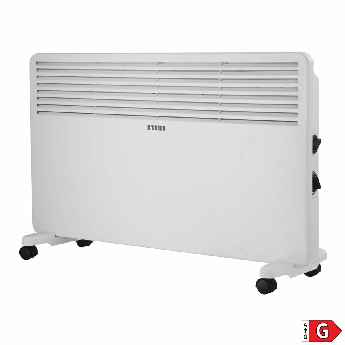 Un radiatore elettrico bianco con marchio 'N'OVEEN'. Ha ruote e interruttori di controllo laterali.