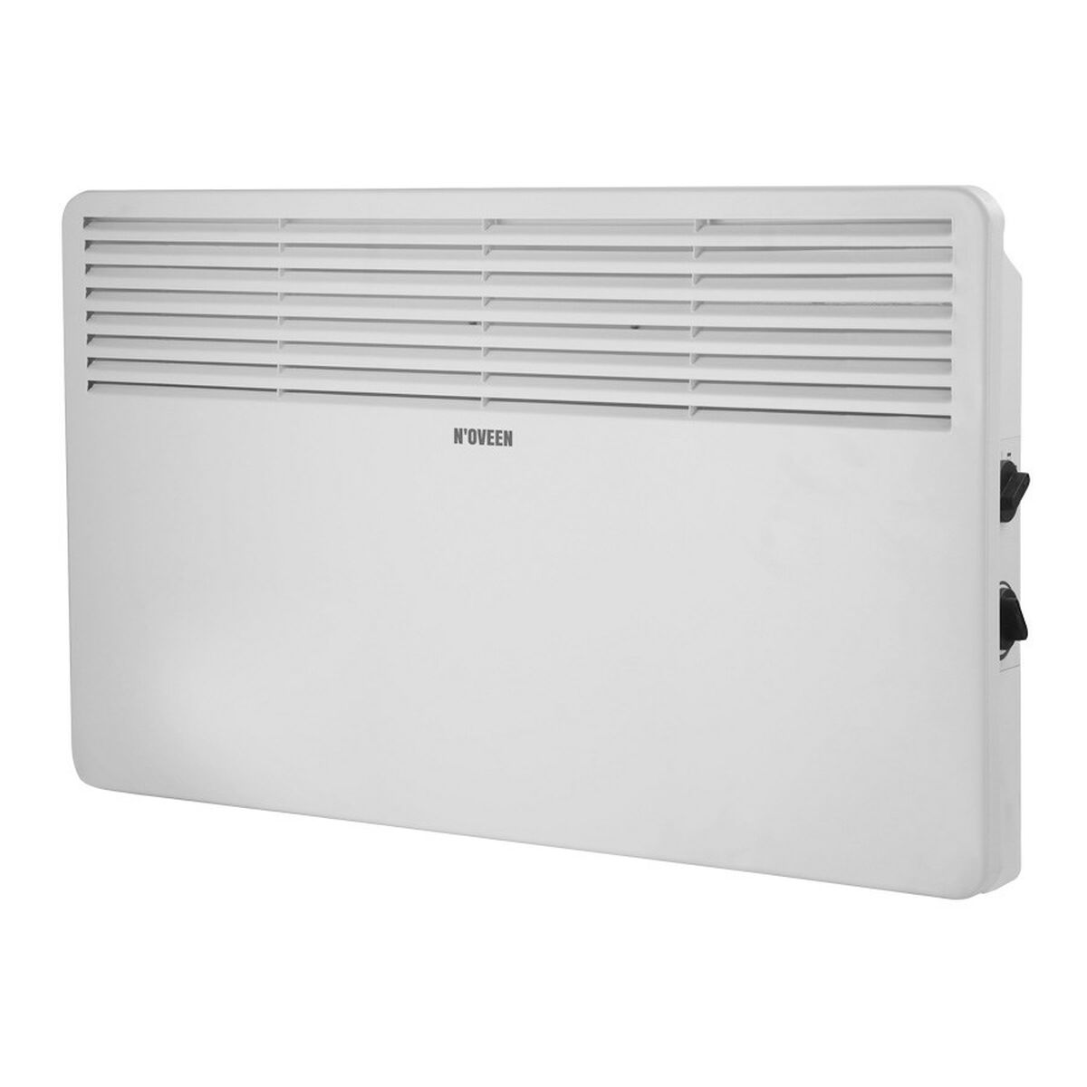 Un termoventilatore elettrico bianco a parete. Ha fessure orizzontali in alto e comandi laterali. Il marchio è N'OVEEN.