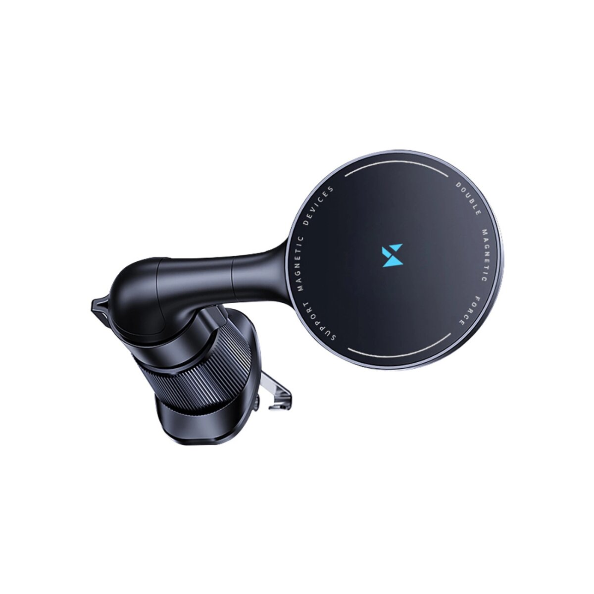 Zwarte telefoonhouder voor in de auto. Het heeft een cirkelvormige magnetische pad met tekst eromheen en een clip om aan de auto te bevestigen.