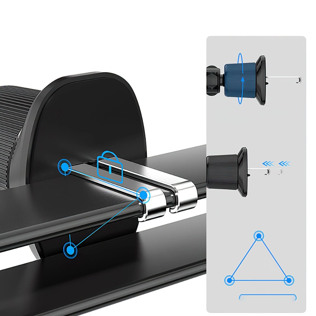 Diagram van een zwarte autotelefoonhouder. Blauwe pijlen geven beweging aan. Een slotpictogram wordt weergegeven. Twee diagrammen tonen montage en gebruik.