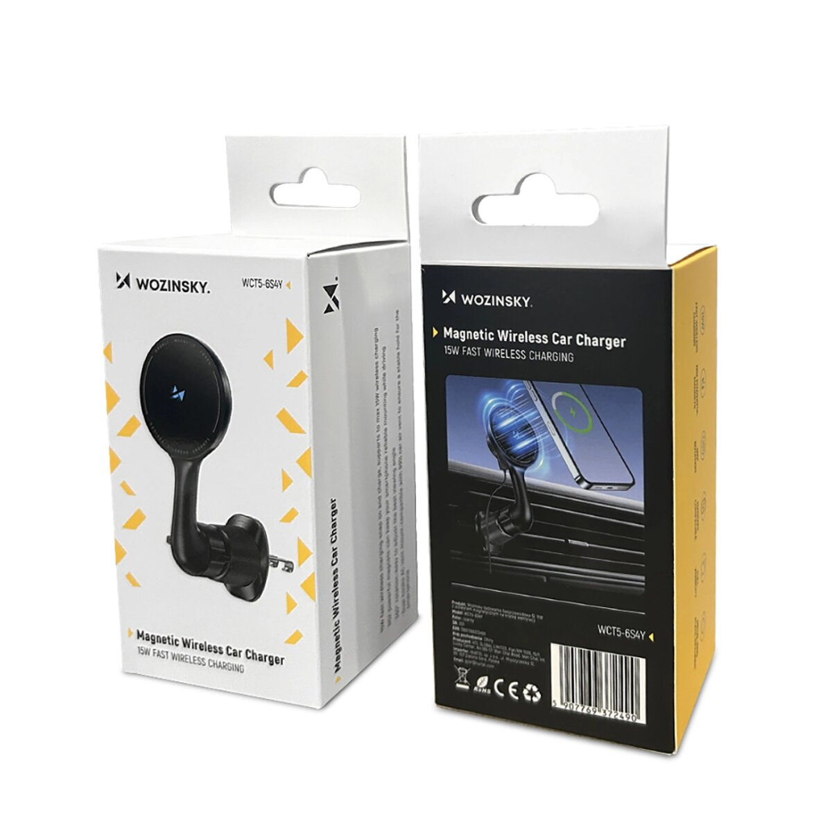 Twee dozen Wozinsky magnetische draadloze autoladers. Eén doos toont de lader en telefoon.