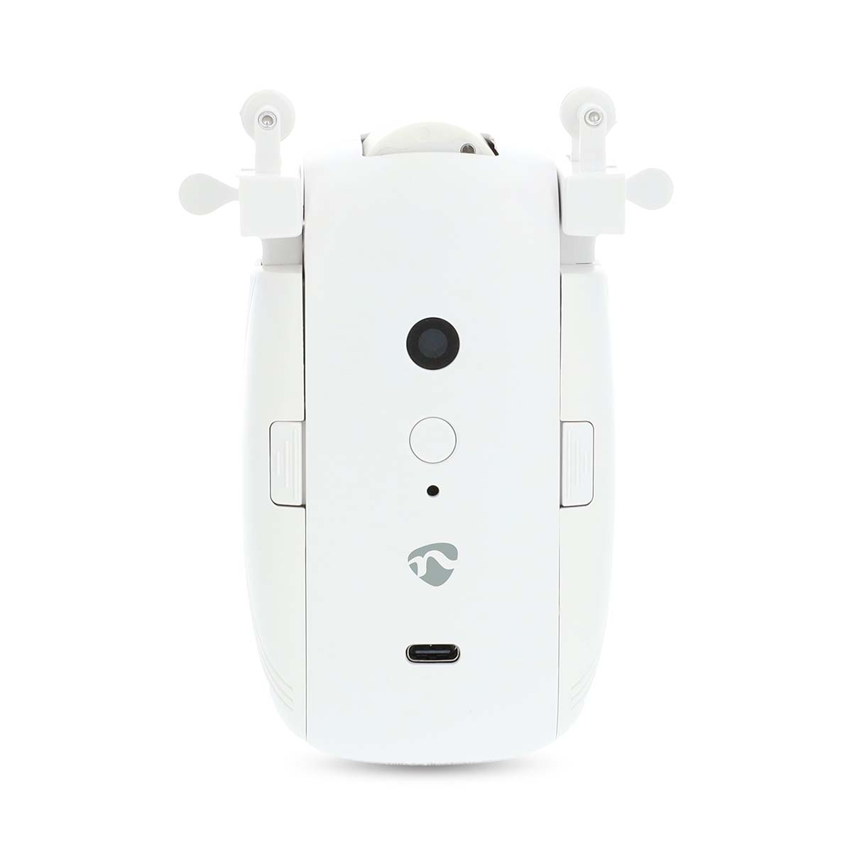 Un dispositivo bianco con bracci estensibili. Ha un pulsante nero, un cerchio e un logo. Una porta USB-C è in basso.