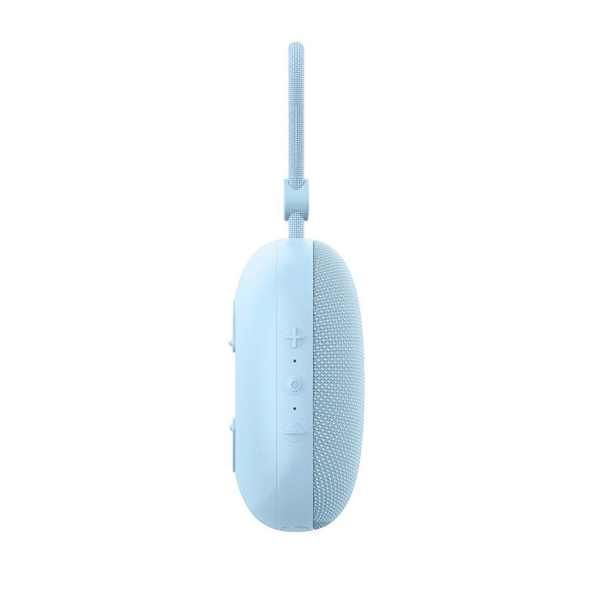 Ein hellblauer, oval geformter Lautsprecher mit Stoffgitter und einem Schlüsselband. Es hat Knöpfe an der Seite.