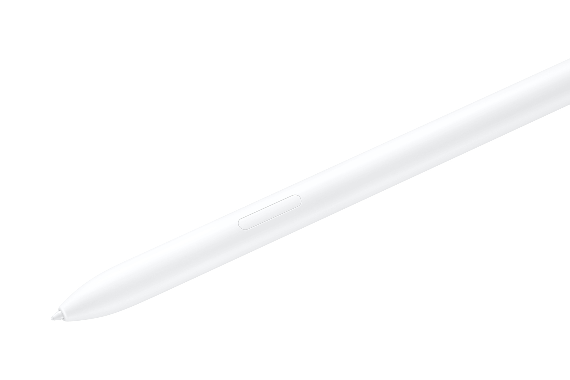 Ein weißer Stift auf weißem Hintergrund. Er hat eine Taste und eine spitze Spitze. Der Stift ist leicht abgewinkelt.