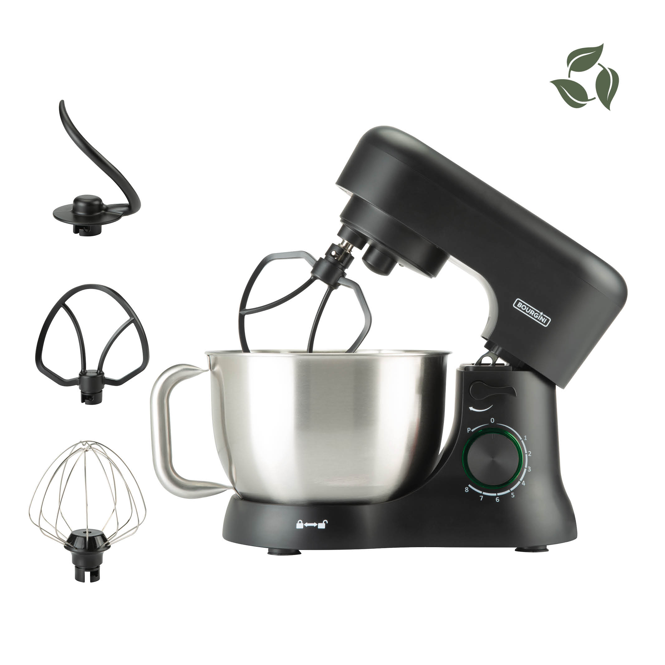 Schwarzer Küchenmixer mit Edelstahlschüssel und Aufsätzen. Enthält Schneebesen, Rührbesen, Knethaken. Isoliert auf weißem Hintergrund.