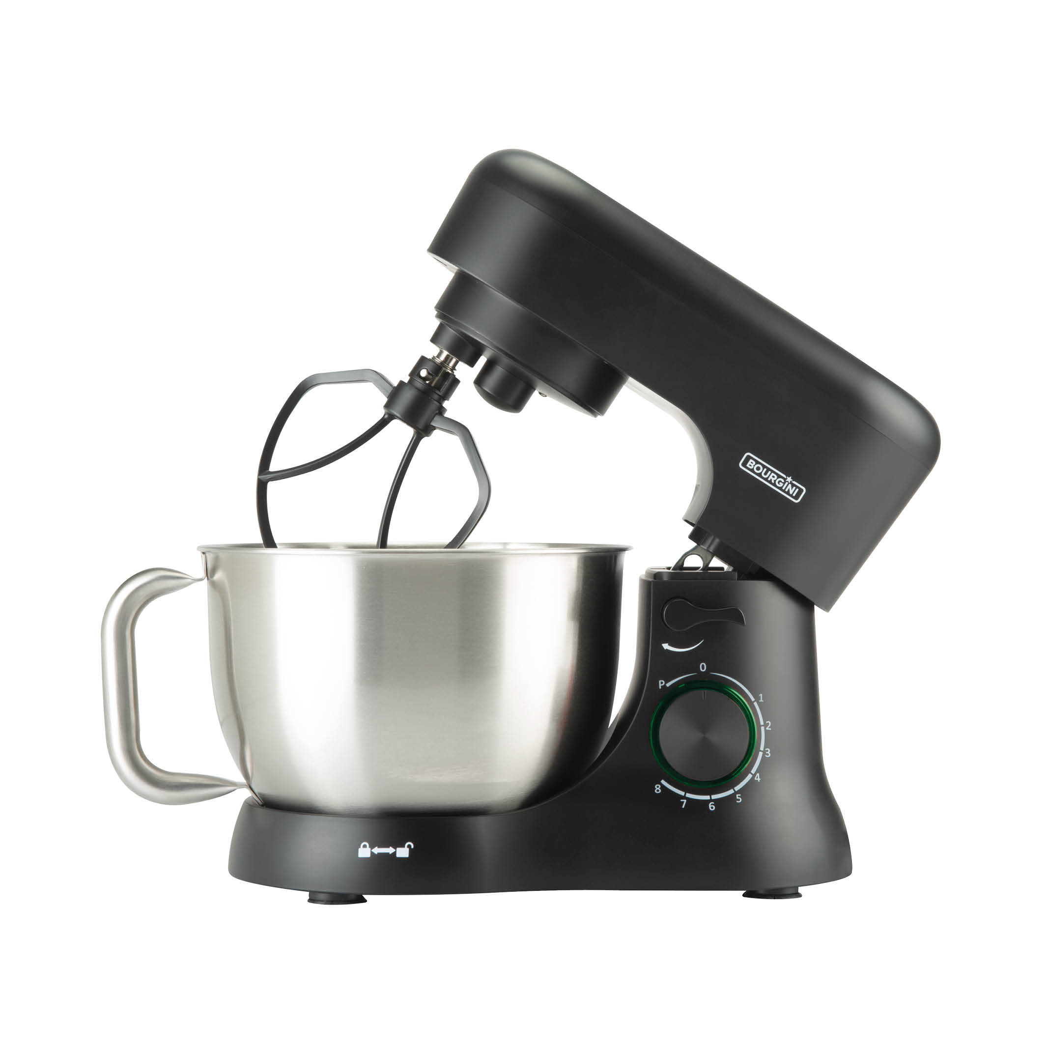 Ein schwarzer und silberner Küchenmixer mit einer Edelstahlschüssel. Er hat einen Drehregler und Rührwerkzeuge.