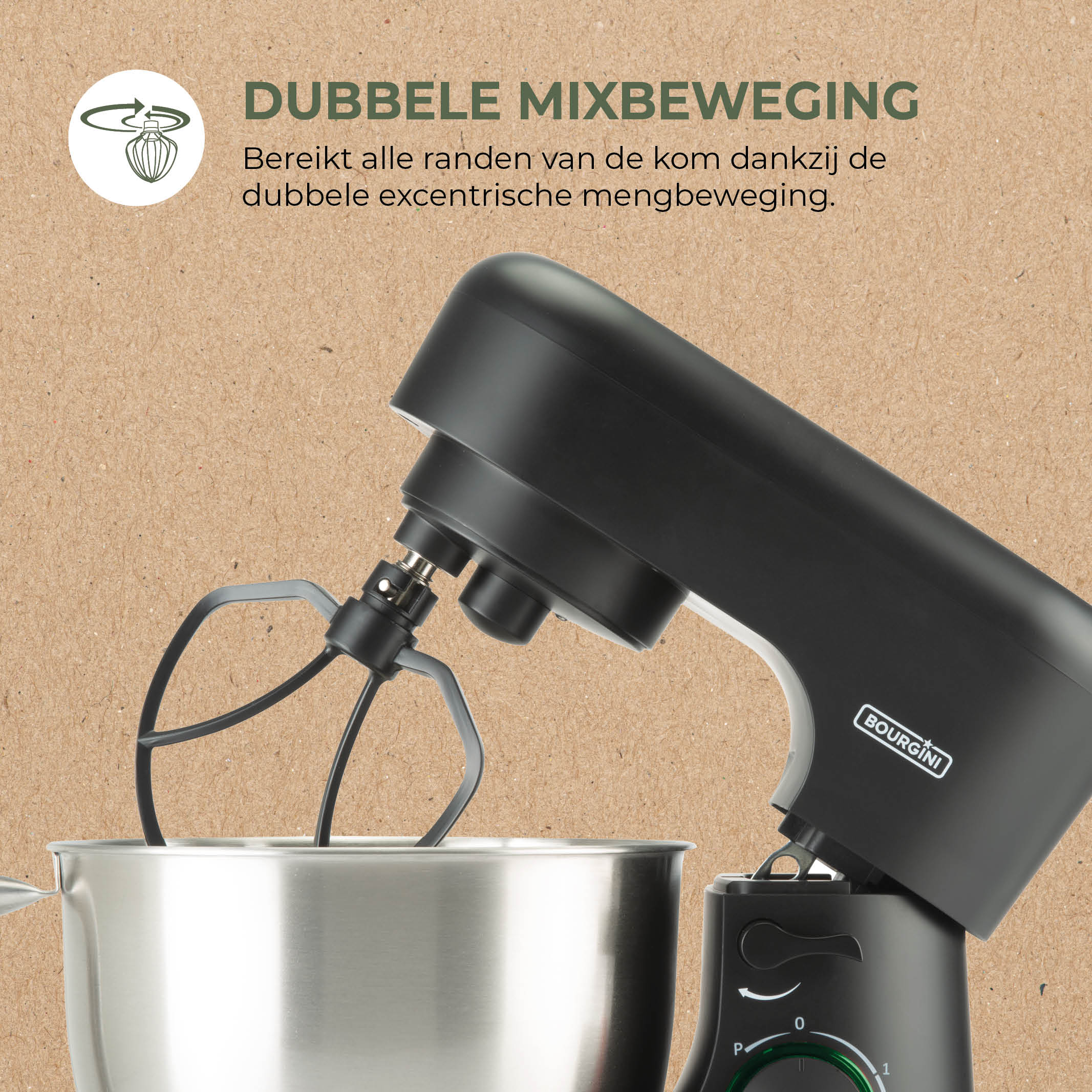 Schwarzer Mixer mit Edelstahlschüssel. Text sagt 'Doppelte Mixwirkung'.