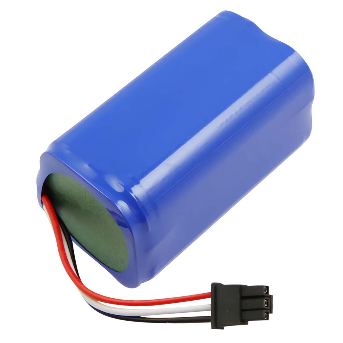 Ein blauer rechteckiger Akku mit schwarzem Stecker und farbigen Drähten ist auf weißem Hintergrund isoliert.