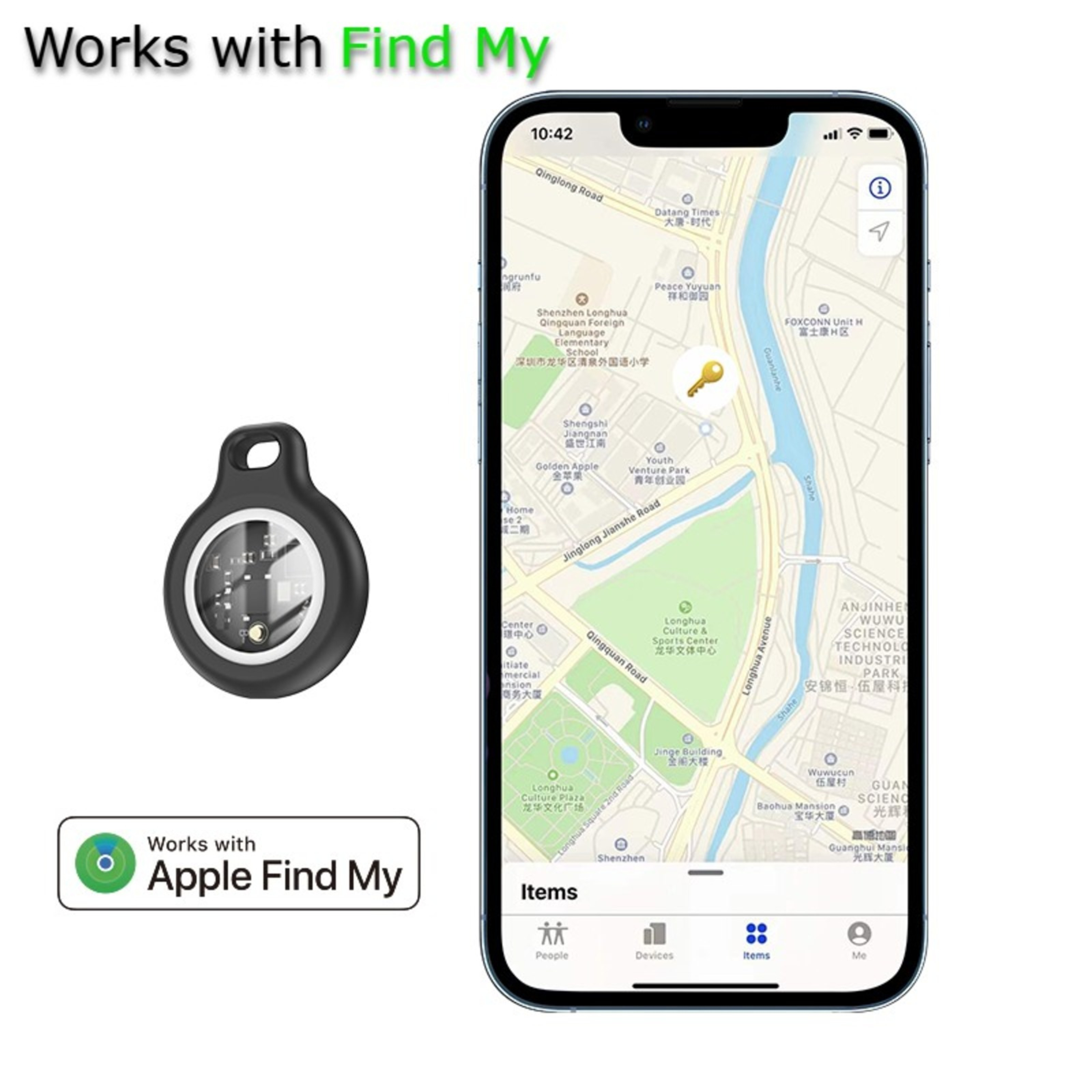 Ein Telefon zeigt eine Karte mit einem Schlüsselsymbol. Links ein schwarzer Tracker. Text: Funktioniert mit Apple Find My.