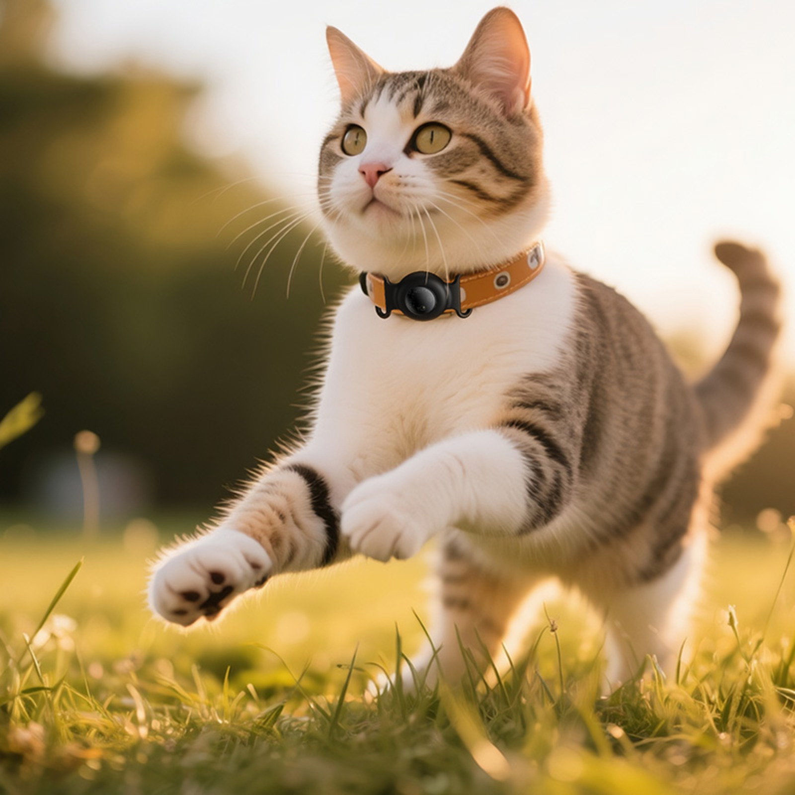 Eine getigerte Katze mit Halsband springt auf einer Wiese. Der Hintergrund ist verschwommenes Sonnenlicht.