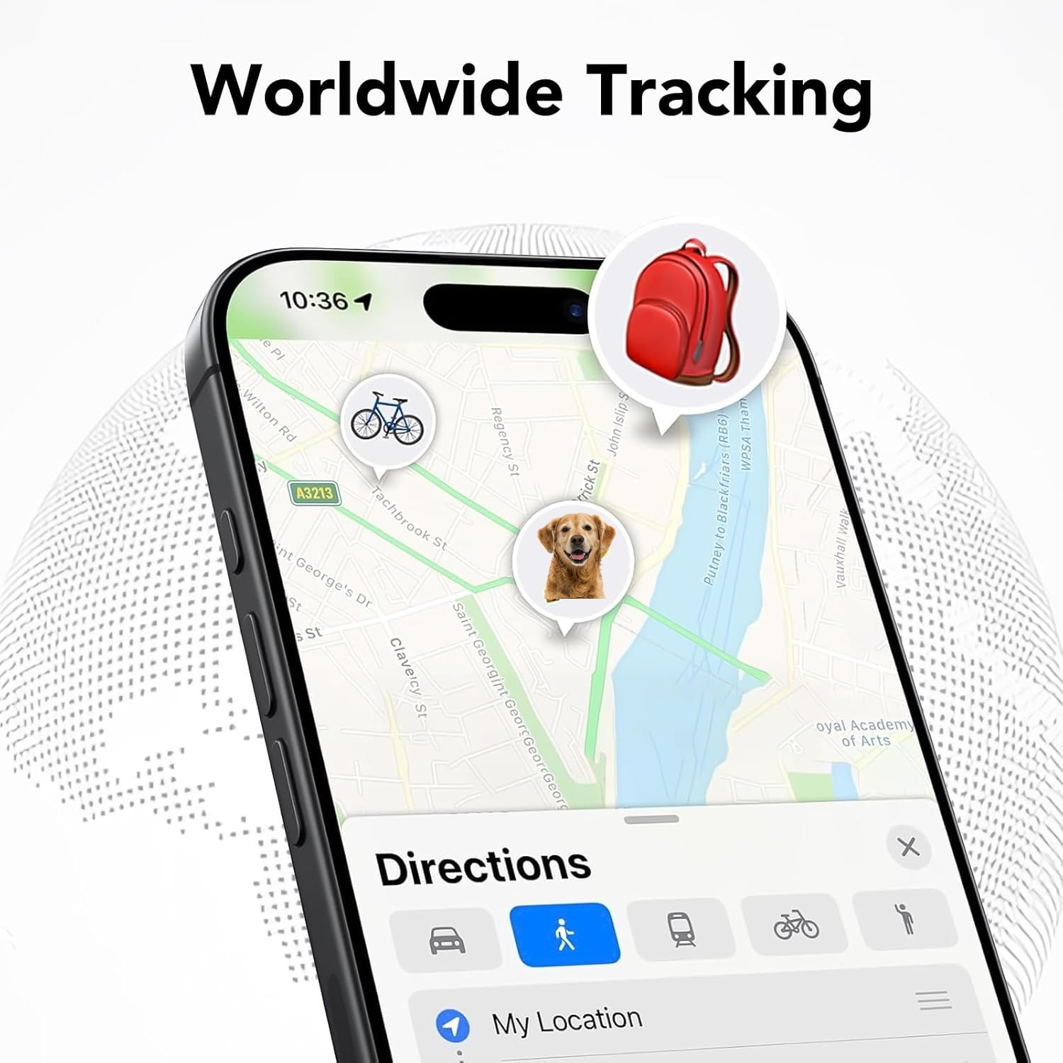 Ein Telefon zeigt eine Karte mit Symbolen für einen Rucksack, ein Fahrrad und einen Hund. Oben steht der Text 'Worldwide Tracking'.