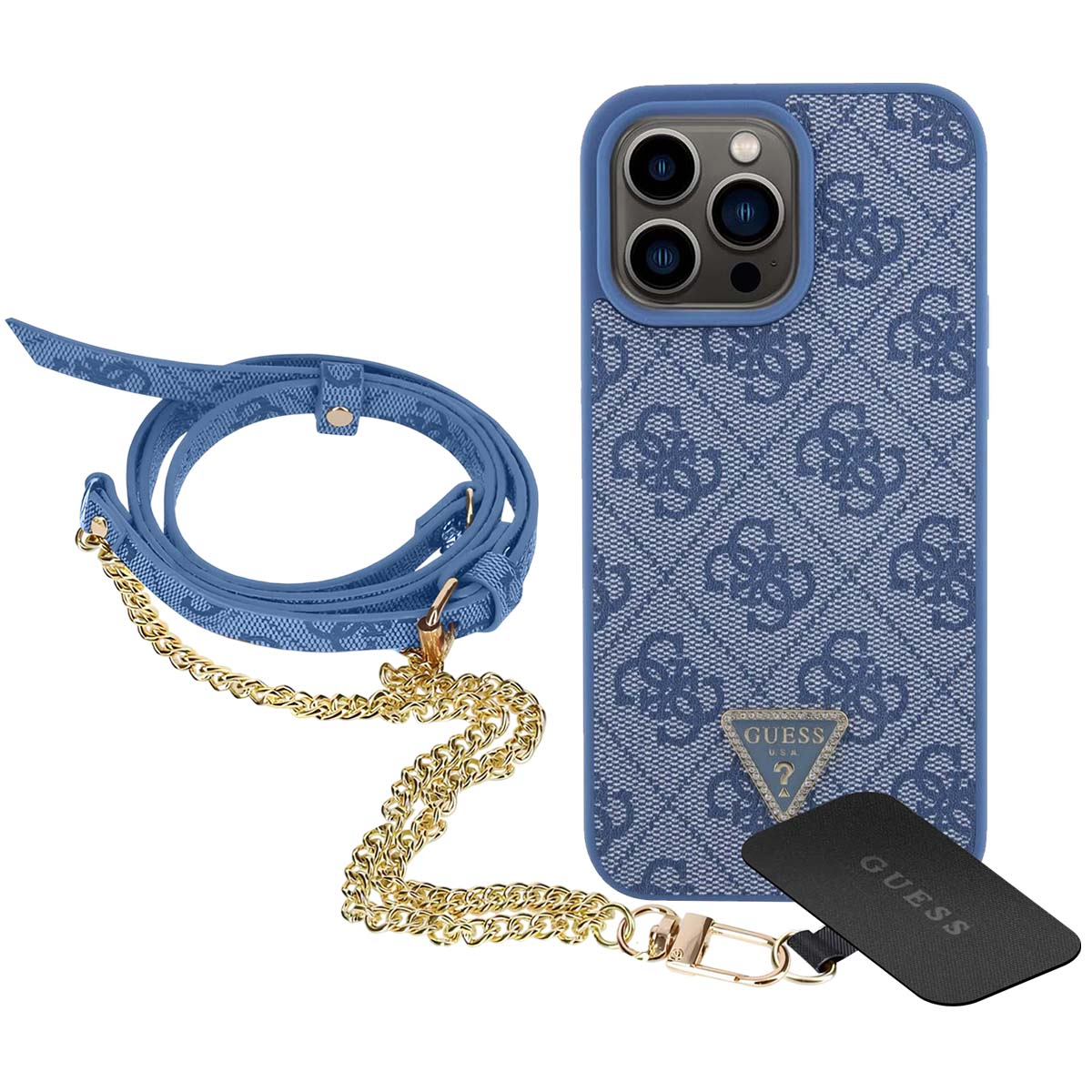 Custodia blu Guess per iPhone con cinturino e catena. Un'etichetta nera Guess è vicina. La custodia ha un motivo con il logo Guess.