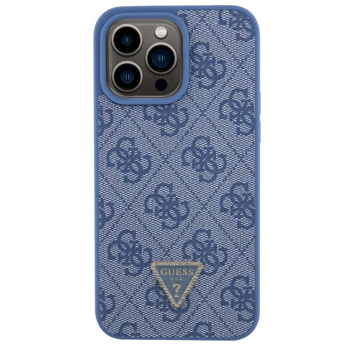 Custodia per telefono Guess blu. La custodia ha un logo in basso e un motivo. Il telefono ha tre fotocamere.