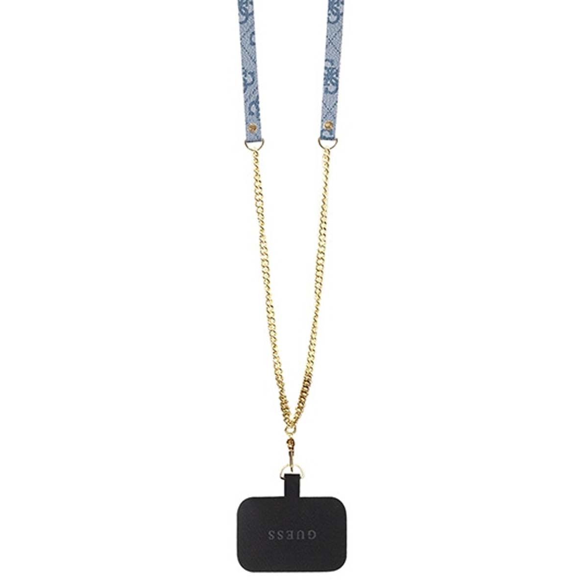 Un porta telefono Guess con cinturini blu e una catena dorata. Il porta telefono è nero con il logo Guess.