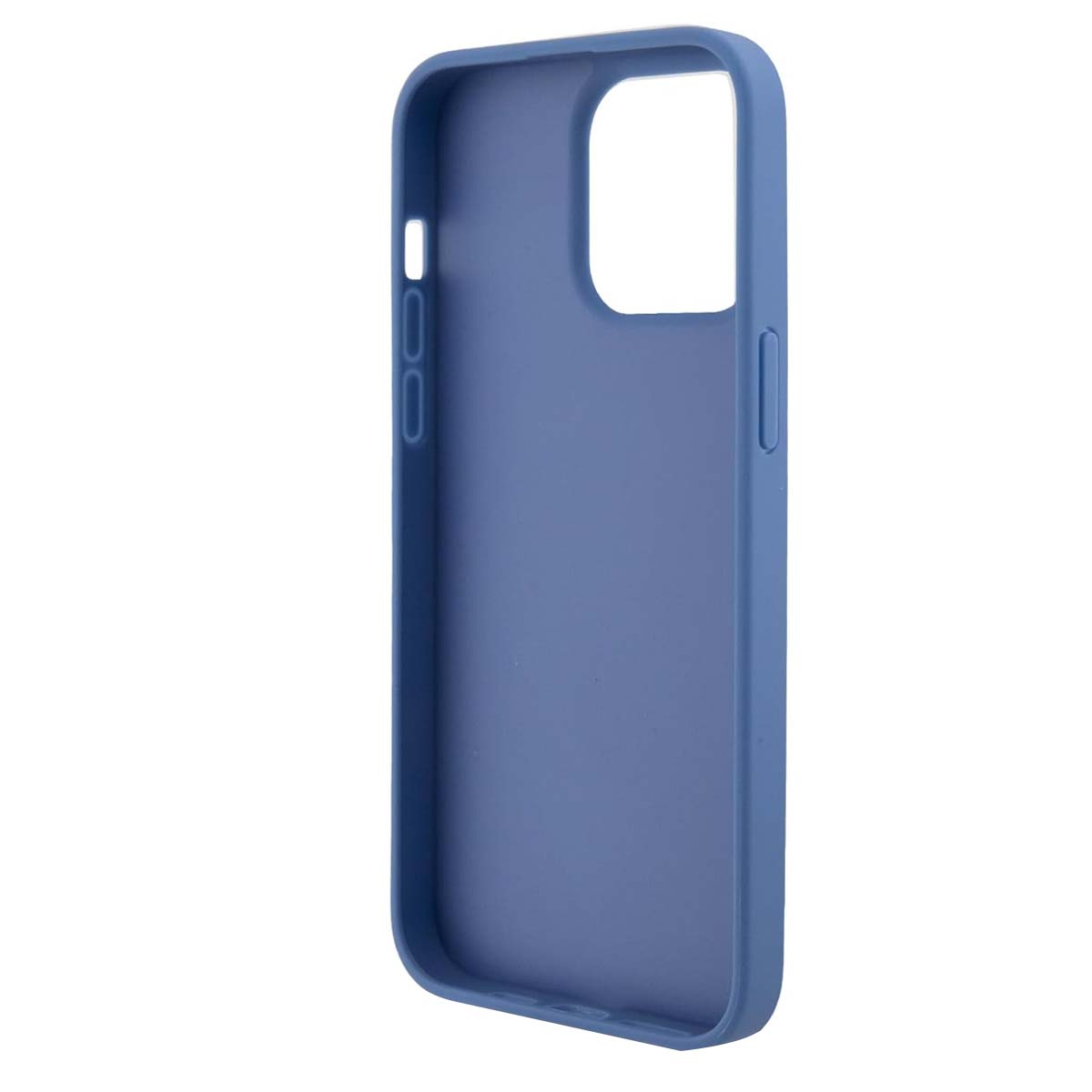 Primo piano di una custodia blu per telefono. La custodia ha aperture per la fotocamera e i pulsanti. Su sfondo bianco.