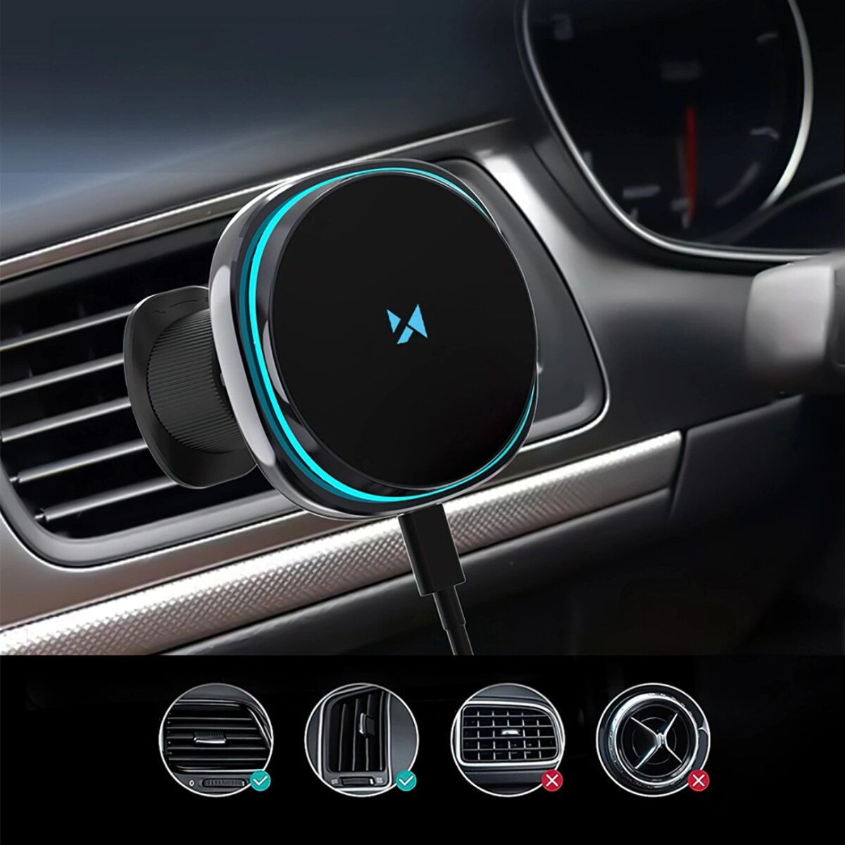 Zwarte autotelefoonlader met blauw licht, gemonteerd op een dashboard. Hieronder worden drie ventilatieopties weergegeven.