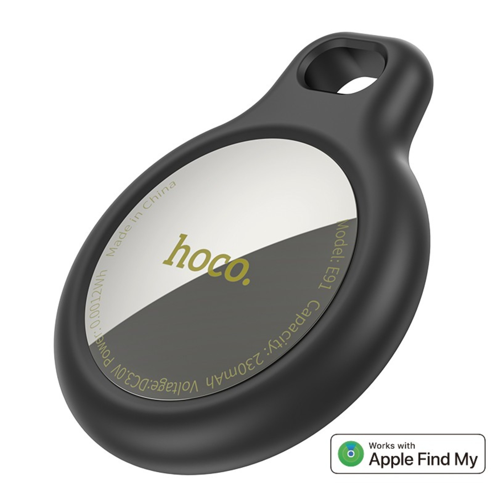 Tracker Hoco E91 nero. È ovale, con il marchio sul davanti e funziona con Apple Find My.
