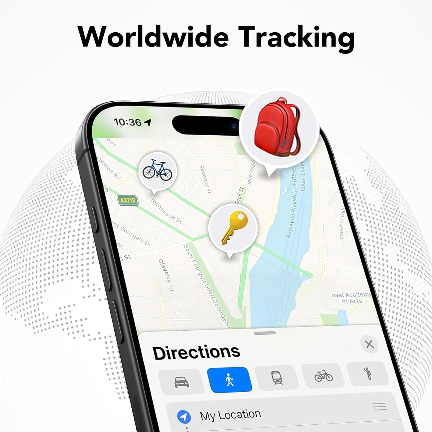 Un telefono mostra una mappa con indicatori di posizione. Sono visibili un'icona di zaino rosso e un'icona di chiave dorata.