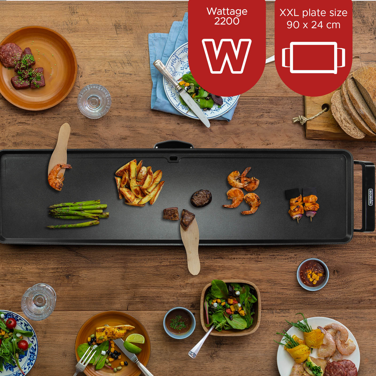 Draufsicht auf einen Tisch mit Grill, Tellern mit Essen und Text. Verschiedene Lebensmittel wie Fleisch, Pommes und Salat sind sichtbar.