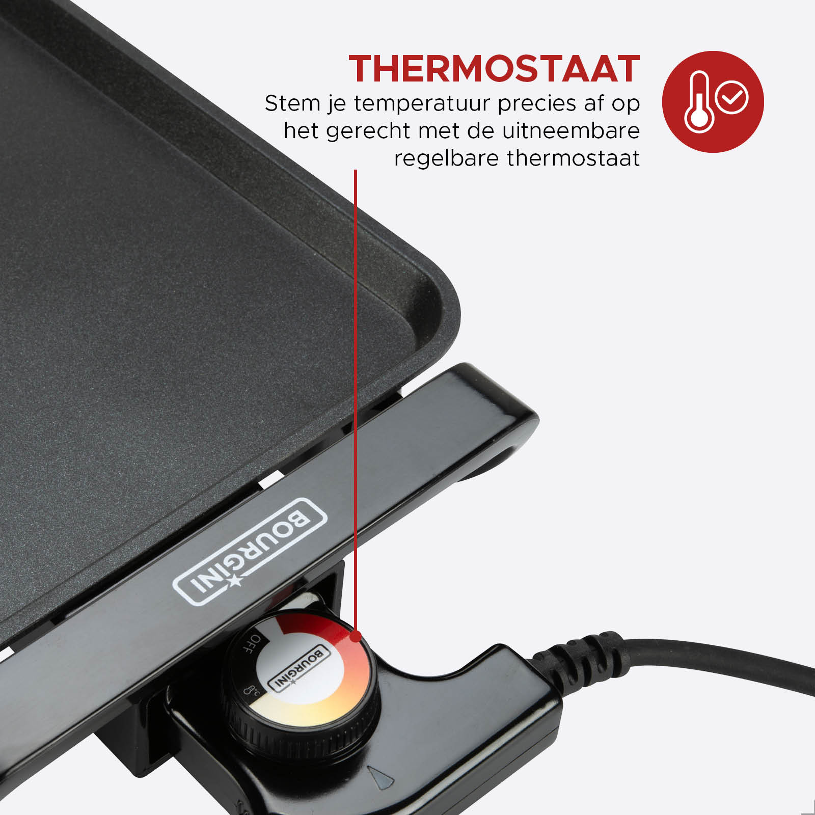 Nahaufnahme eines schwarzen Elektrogrills mit Thermostatregler. Text auf Niederländisch: 'THERMOSTAAT'.