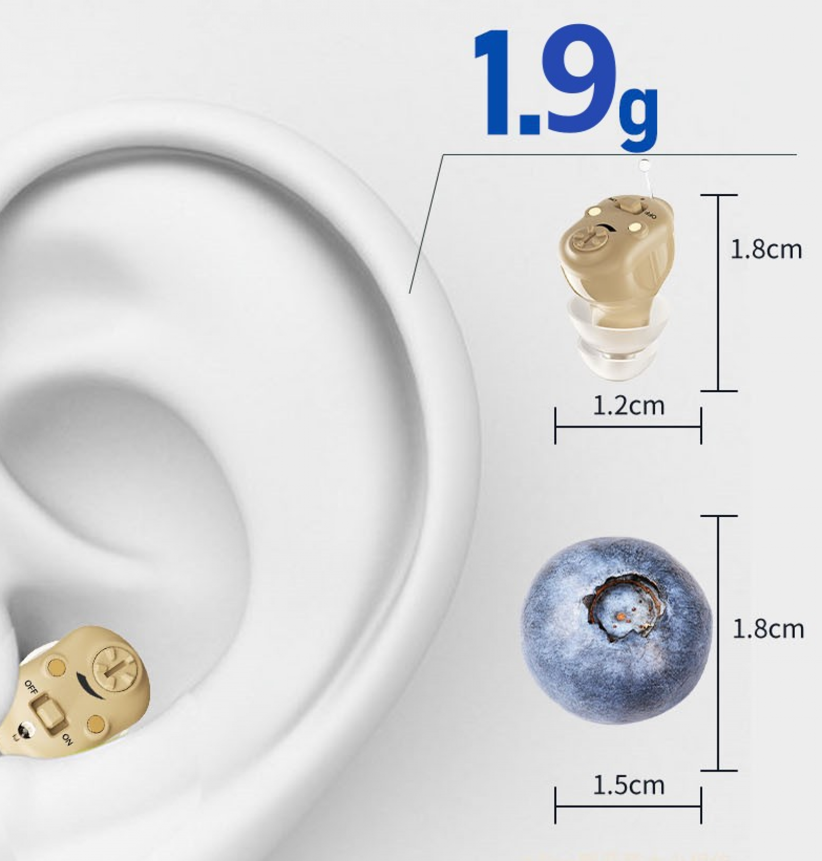 Das Bild zeigt ein Hörgerät und eine Blaubeere. Hörgerät ist 1,8 cm groß, Blaubeere 1,8 cm. Hörgerät ist 1,2 cm breit, Blaubeere 1,5 cm.