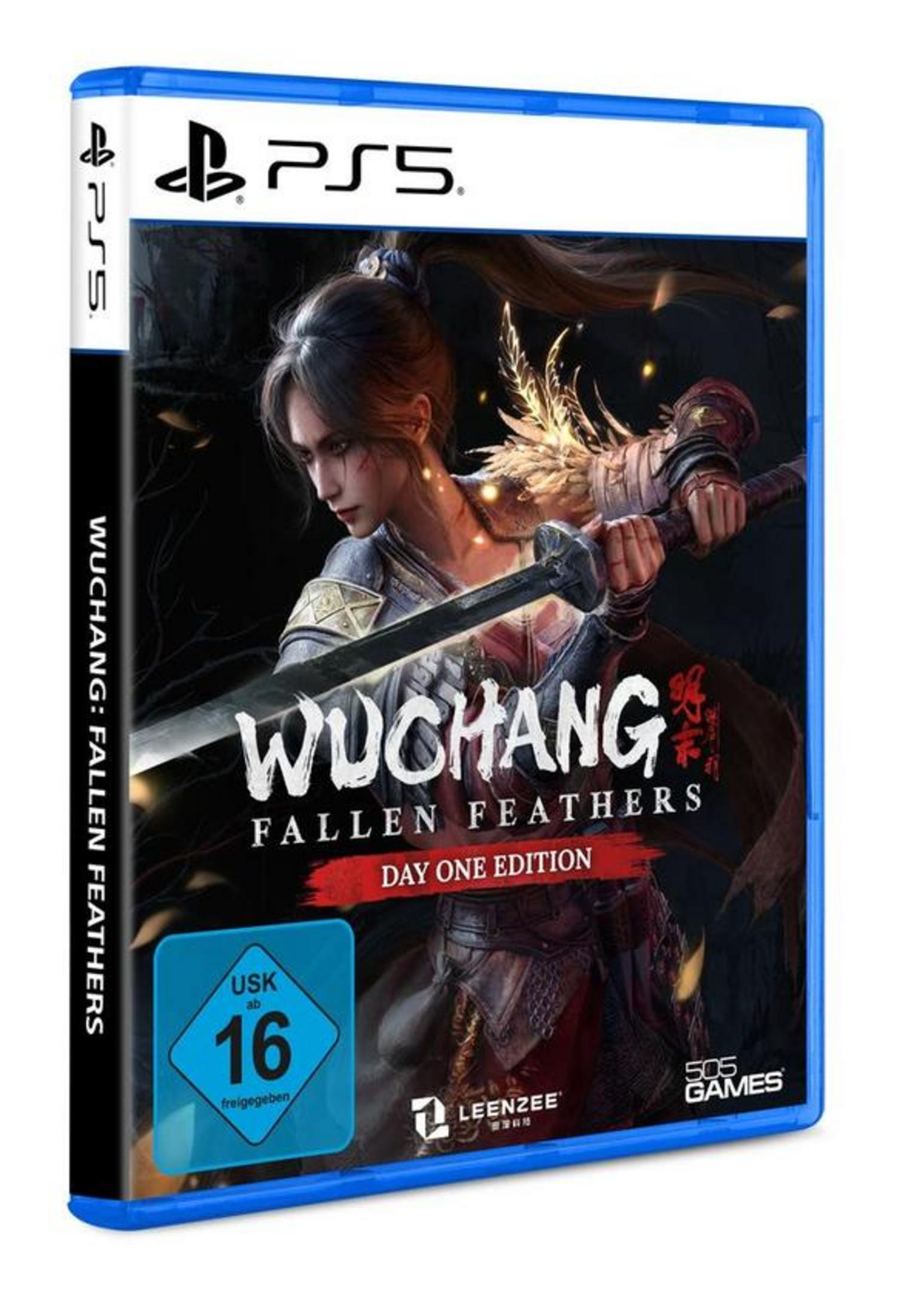PS5-Spielbox von Wuchang: Fallen Feathers. Eine Frau mit Schwert steht im Zentrum. Die Box hat einen blauen Rand und ist als Day One Edition gekennzeichnet.