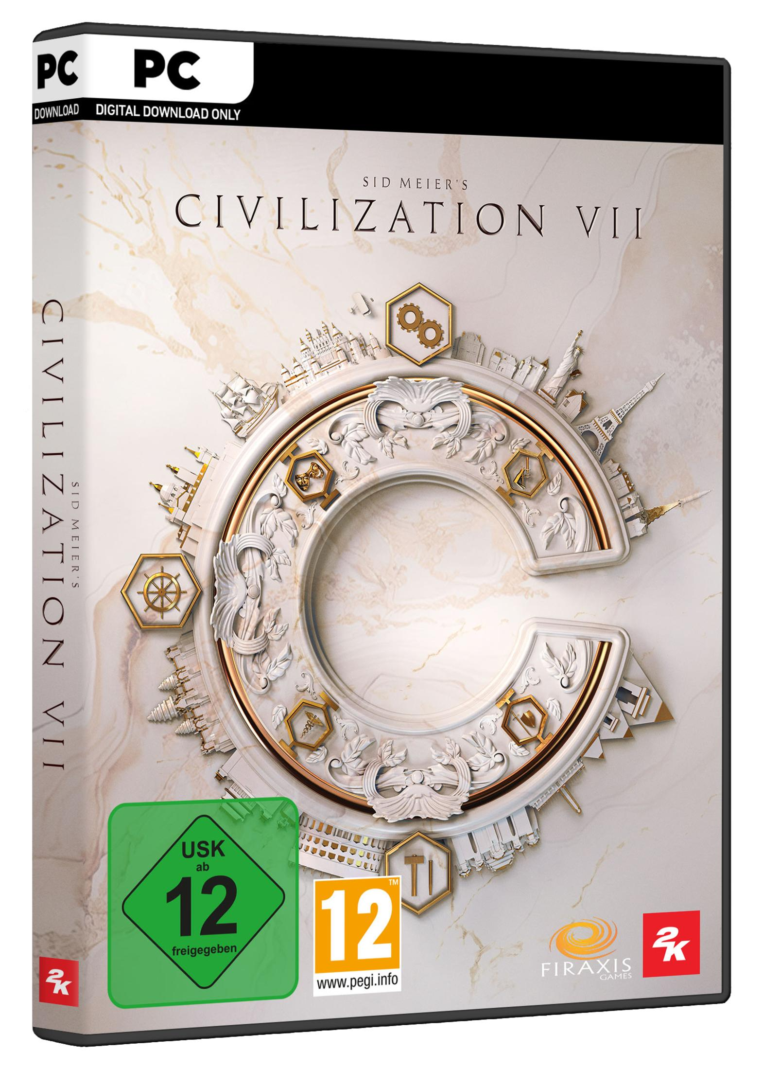 Spiel-Box-Art für Civilization VII. Weißes, goldenes und Marmor-Design mit Gebäuden und einer Alterseinstufung von 12.