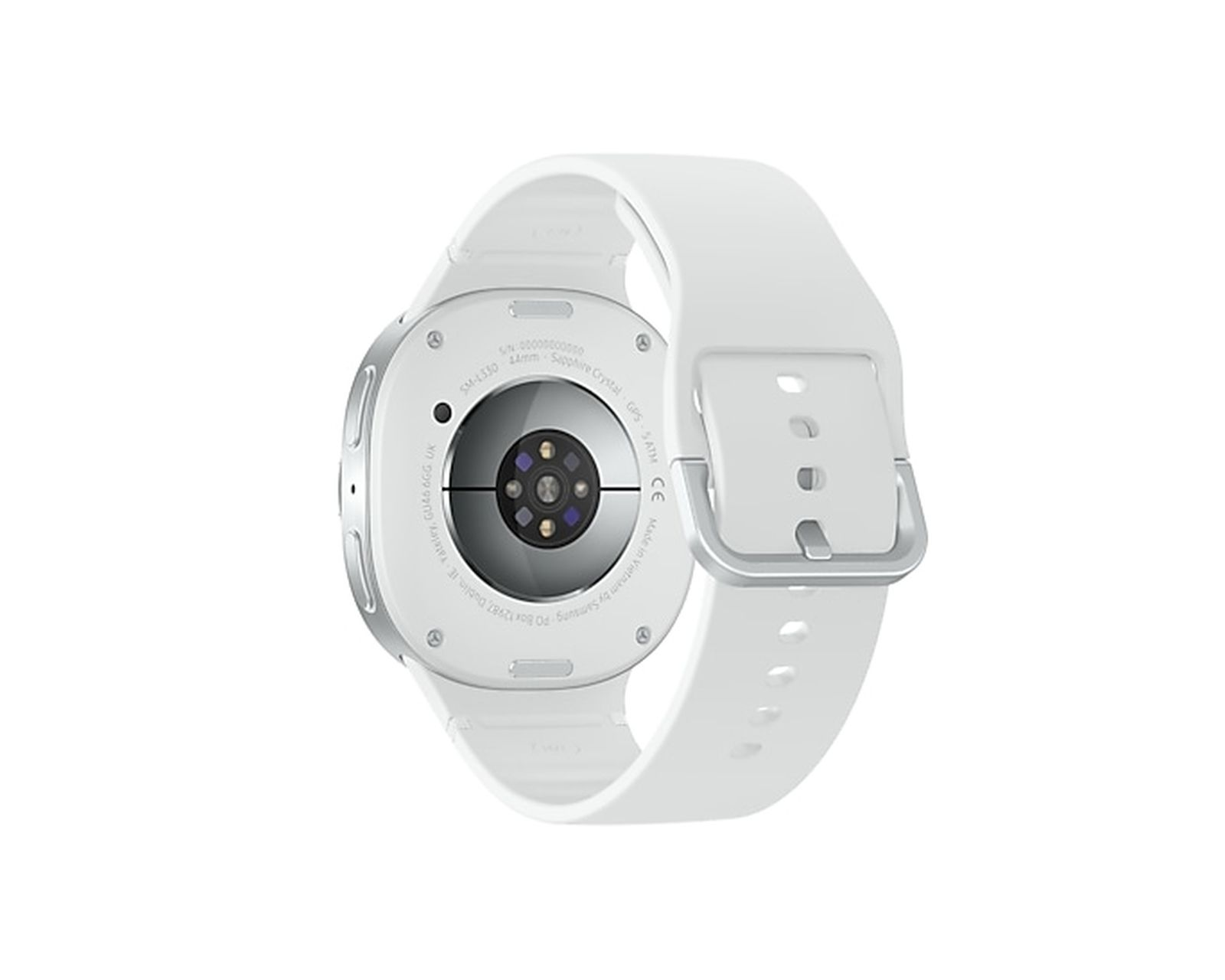 Een witte smartwatch met een witte band, van achteren gezien. Het horloge heeft een zilveren rand. Details van het horloge zijn zichtbaar.