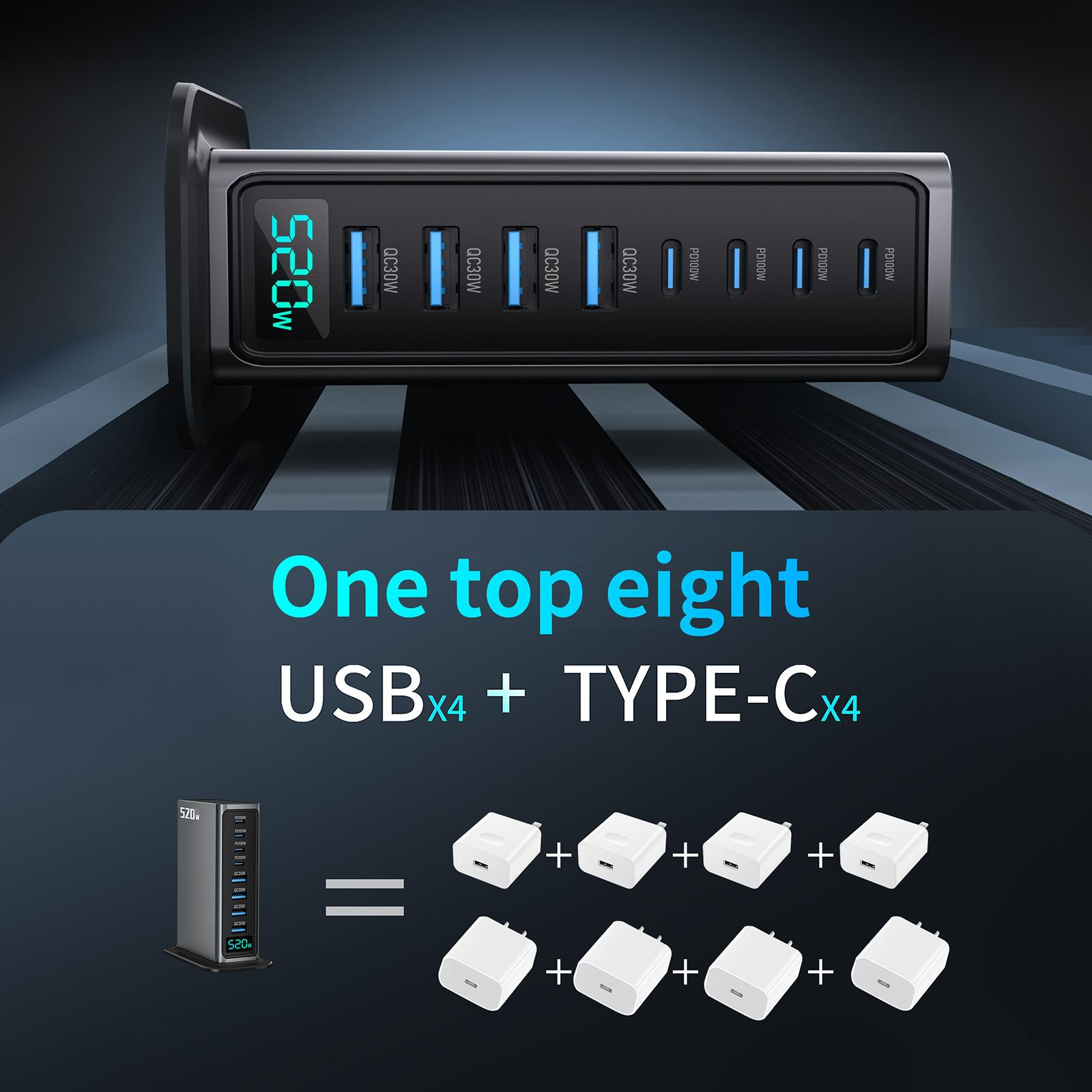 Ein schwarzes USB-Ladegerät mit mehreren Anschlüssen, das die Leistung anzeigt. Enthält acht weiße Ladesteine.