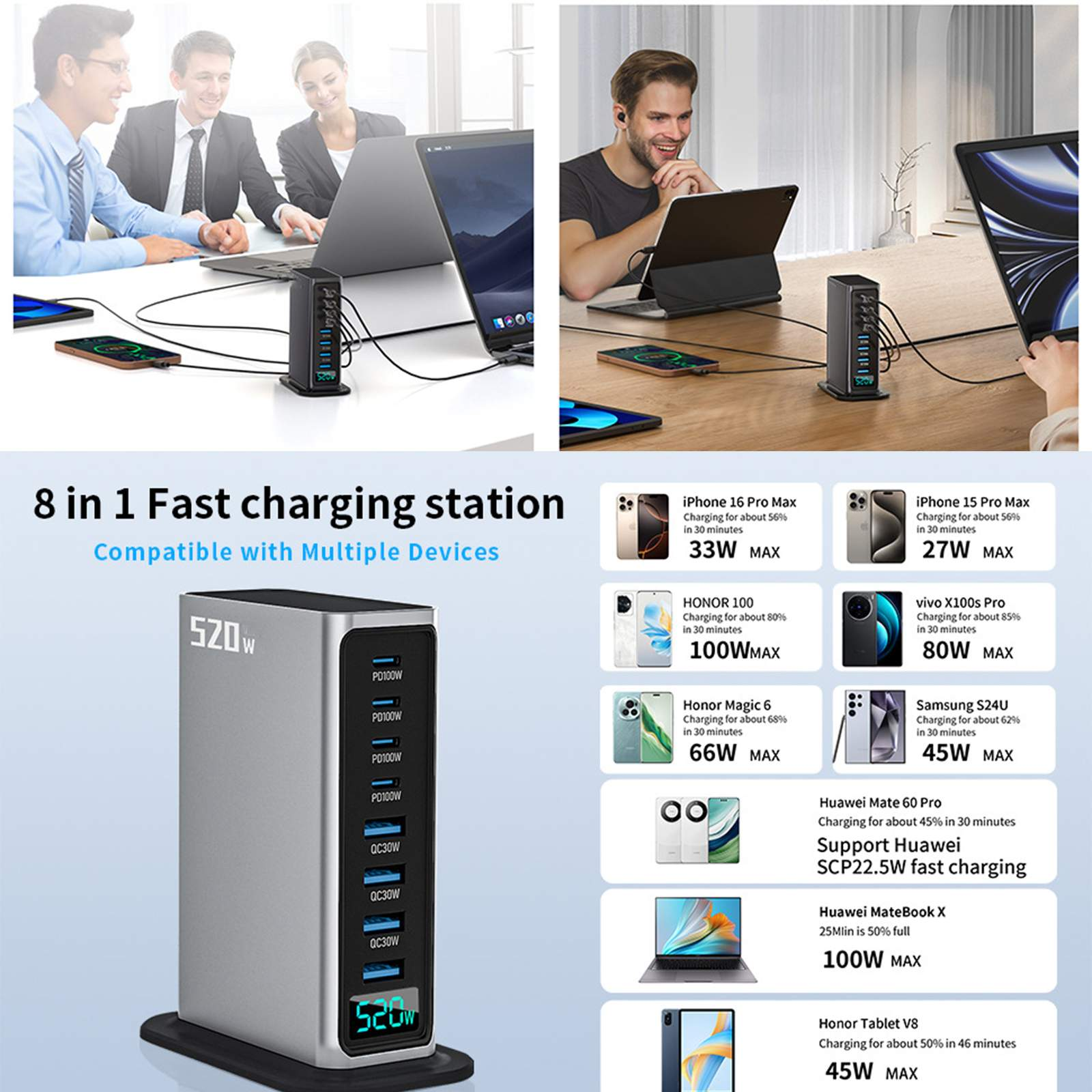 Eine 8-in-1-Schnellladestation mit mehreren Geräten, Menschen arbeiten. Die Station lädt Telefone und Laptops.