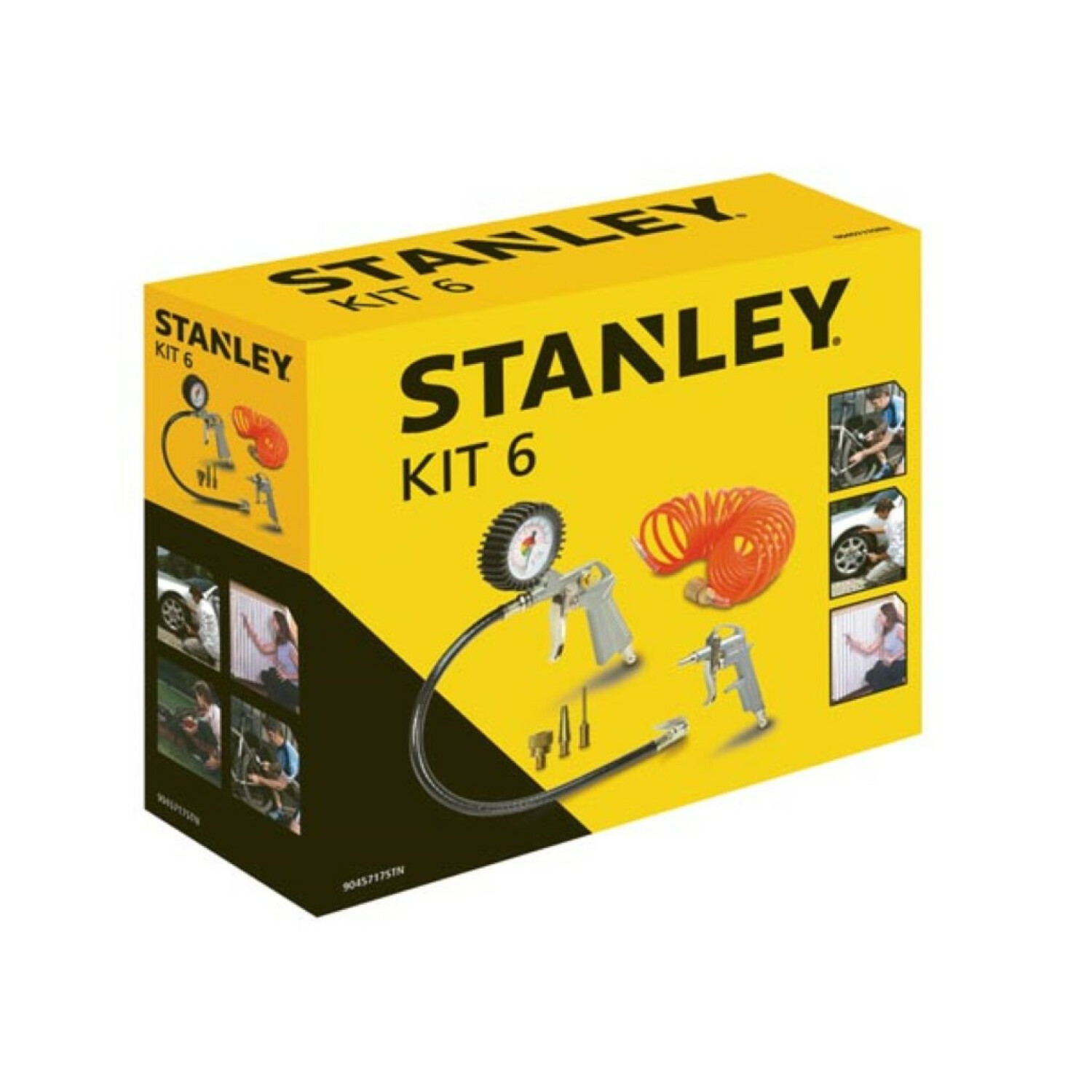Scatola Stanley Kit 6. Contiene strumenti come manometro, pistole ad aria e tubo. Scatola gialla con immagini d'uso e logo Stanley.