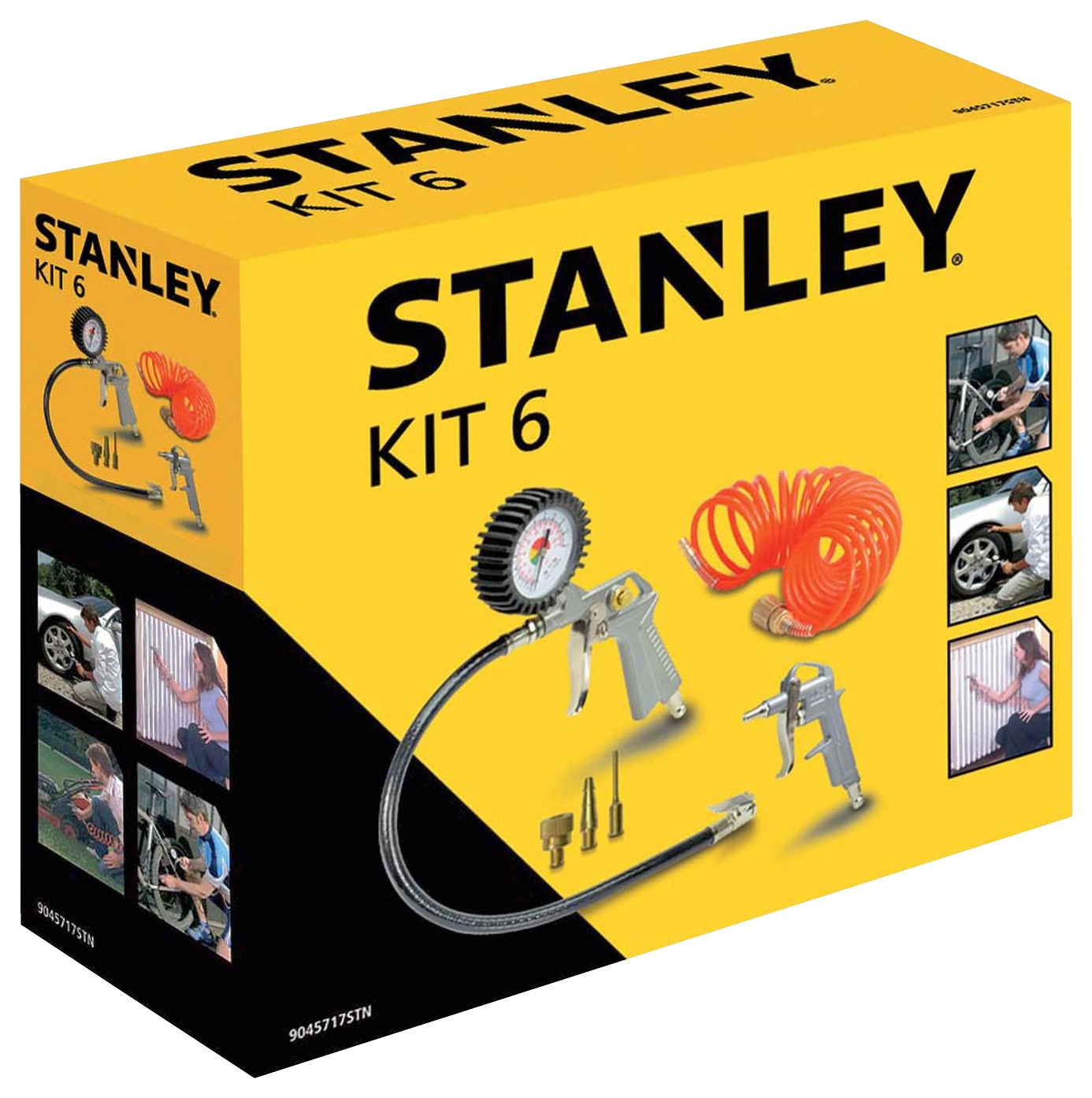 Scatola Stanley Kit 6. Contiene strumenti come gonfiatore pneumatici, pistola ad aria e tubo. Immagini mostrano l'uso: pneumatico auto, bici e altre applicazioni.