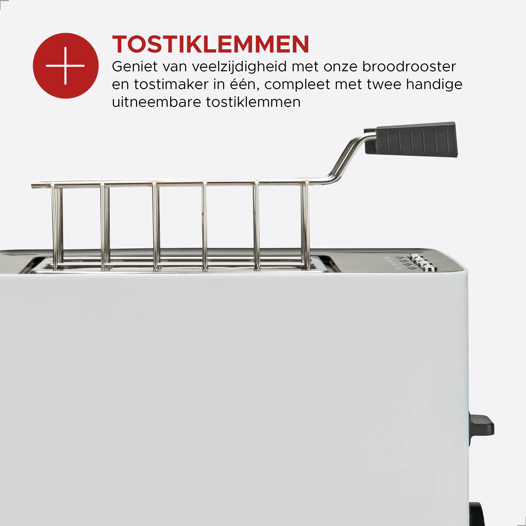 Een witte broodrooster met een metalen rooster en een zwarte handgreep. Nederlandse tekst zichtbaar.