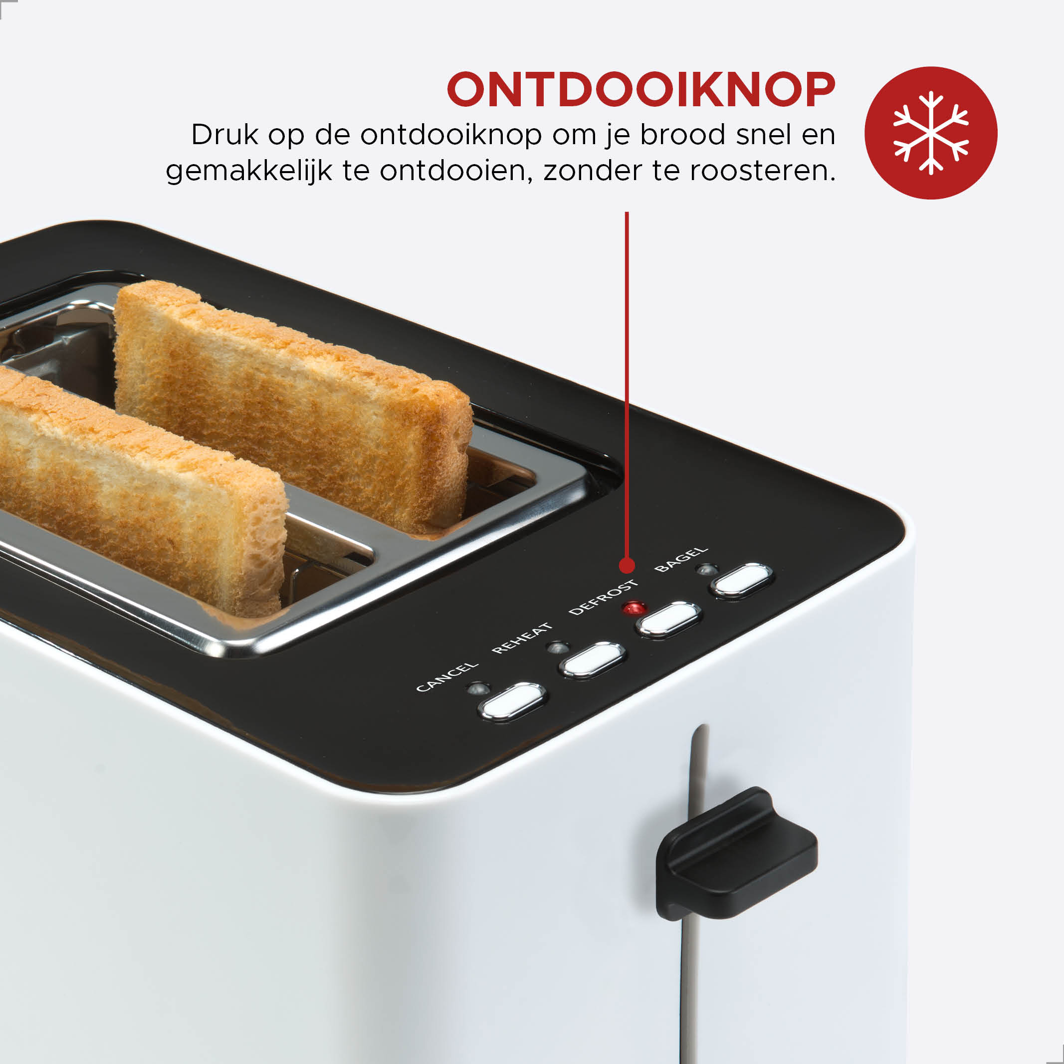 Een witte broodrooster met twee sneetjes toast. Het heeft een ontdooiknop en een sneeuwvlokpictogram is zichtbaar.
