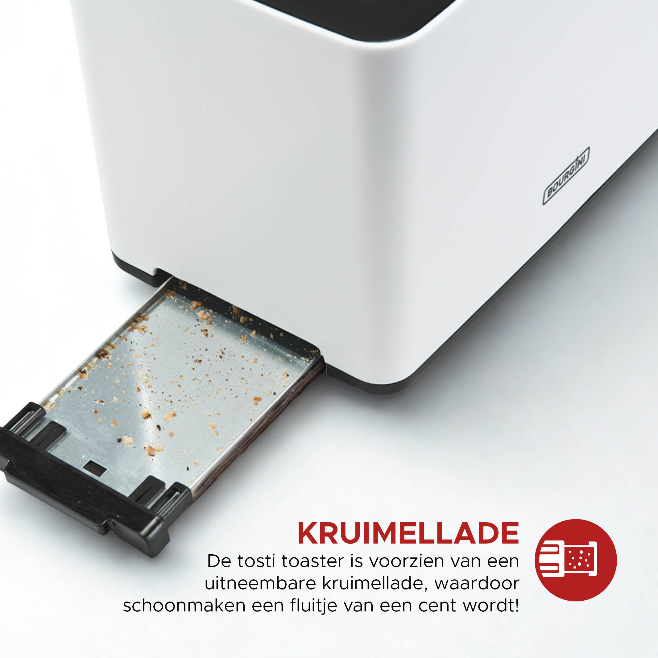 Een witte broodrooster met een kruimellade uitgetrokken. De lade heeft kruimels. Tekst zegt 'KRUIMELLADE'.