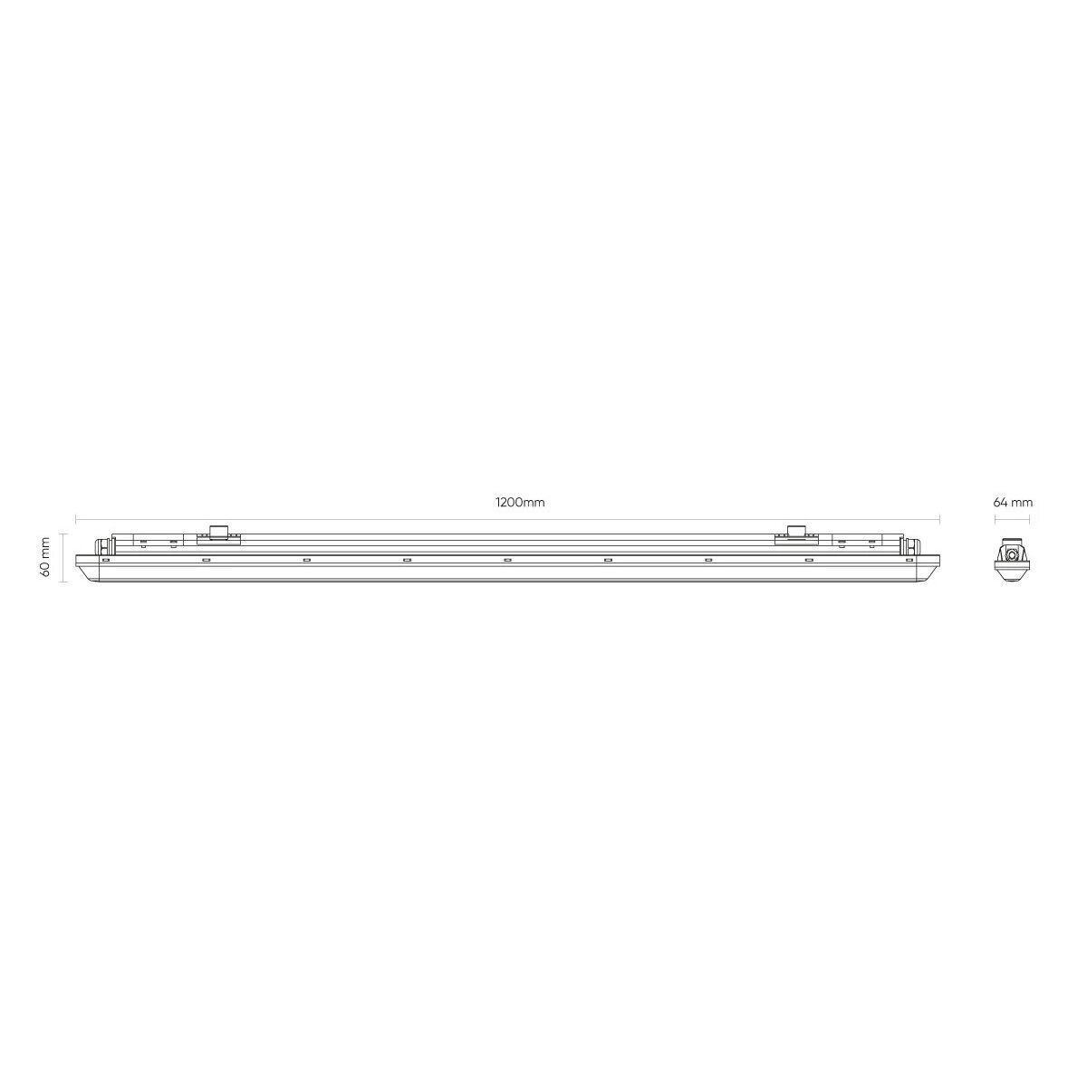Technische Zeichnung einer rechteckigen Leuchte mit den Maßen 1200 mm Länge und 60 mm und 64 mm Höhe.