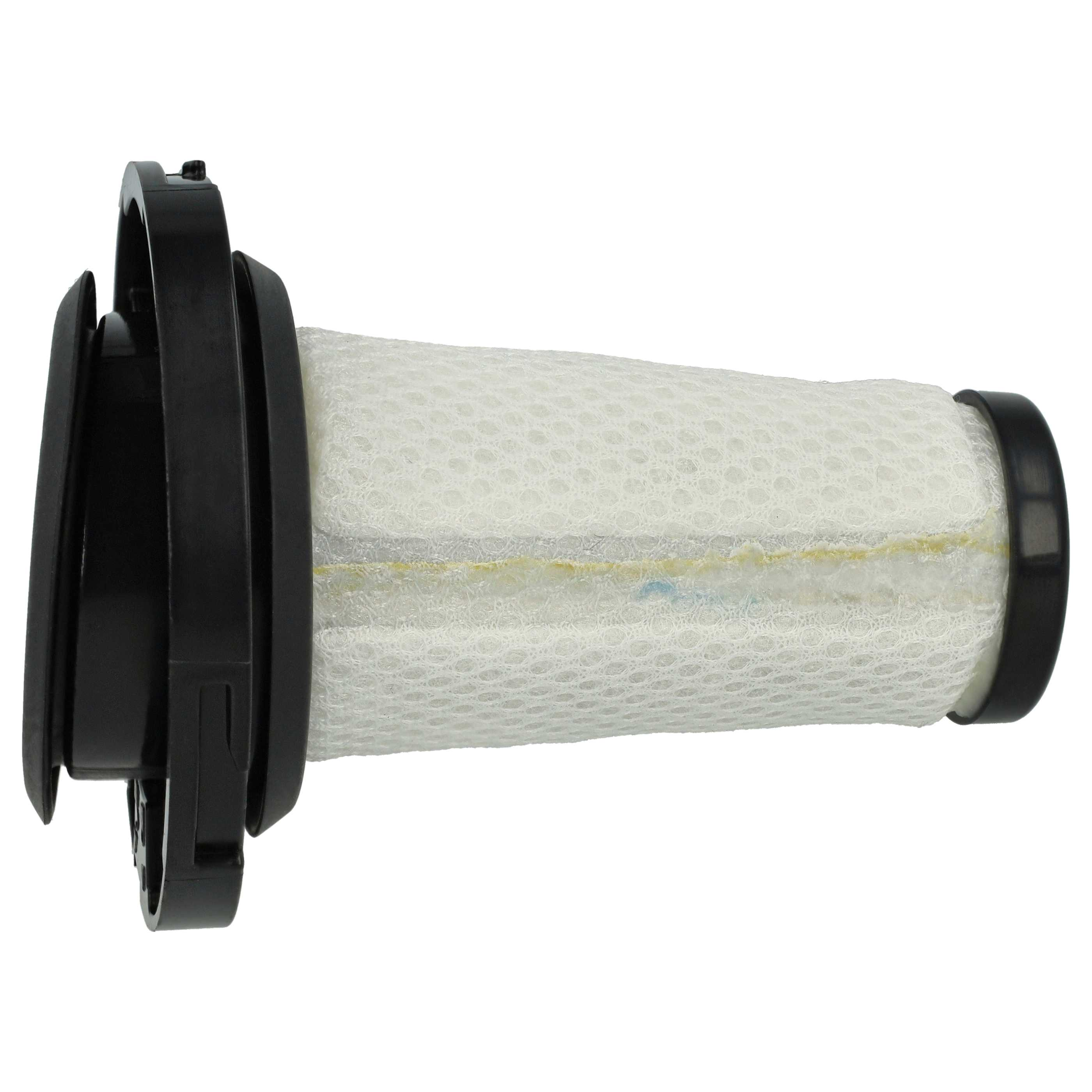 Ein Staubsaugerfilter. Er hat einen weißen zylindrischen Filter, einen schwarzen Rahmen und schwarze Endstücke.