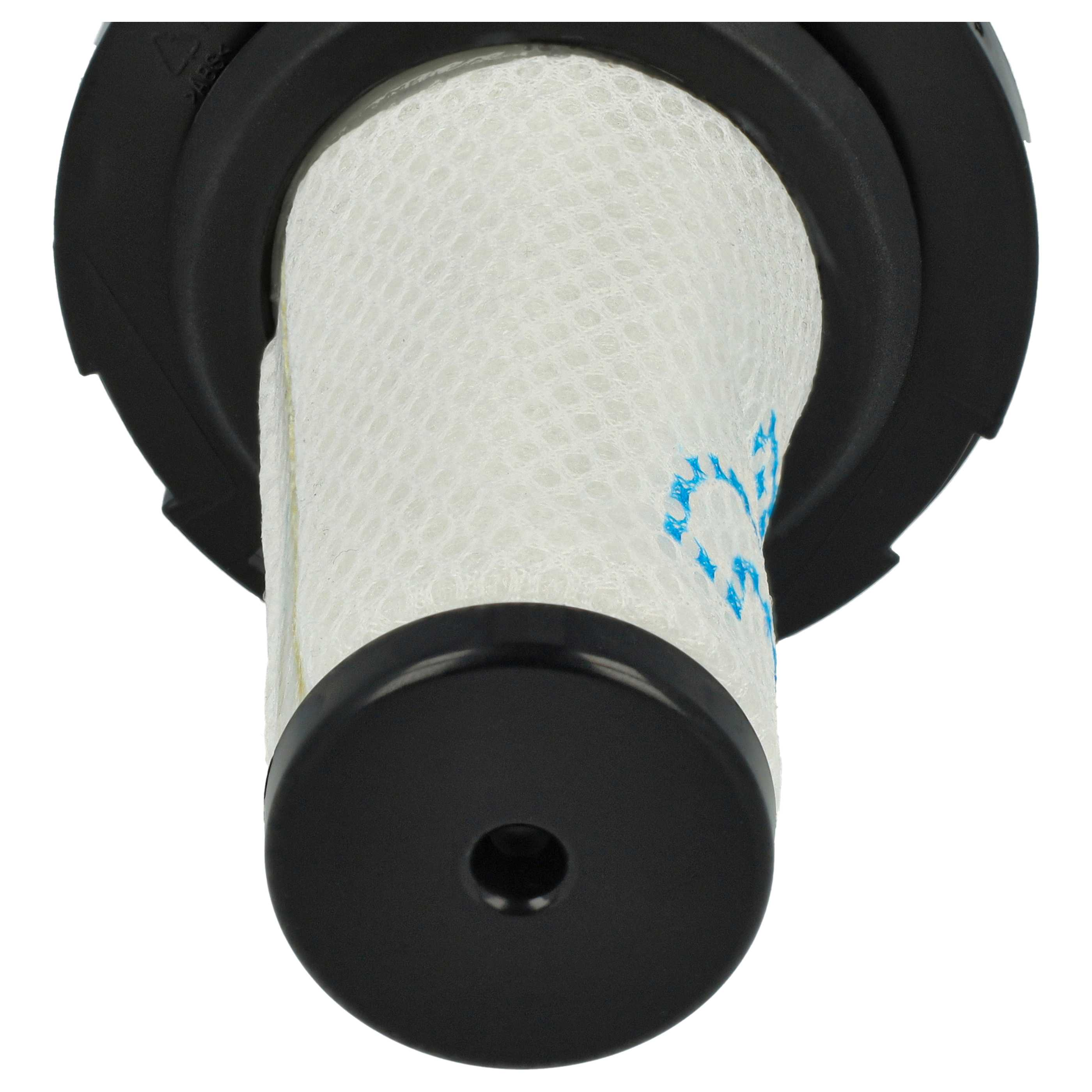 Nahaufnahme eines Staubsaugerfilters. Er hat einen weißen, porösen Filterkern und schwarze Kunststoffkomponenten. Das Design ist zylindrisch.