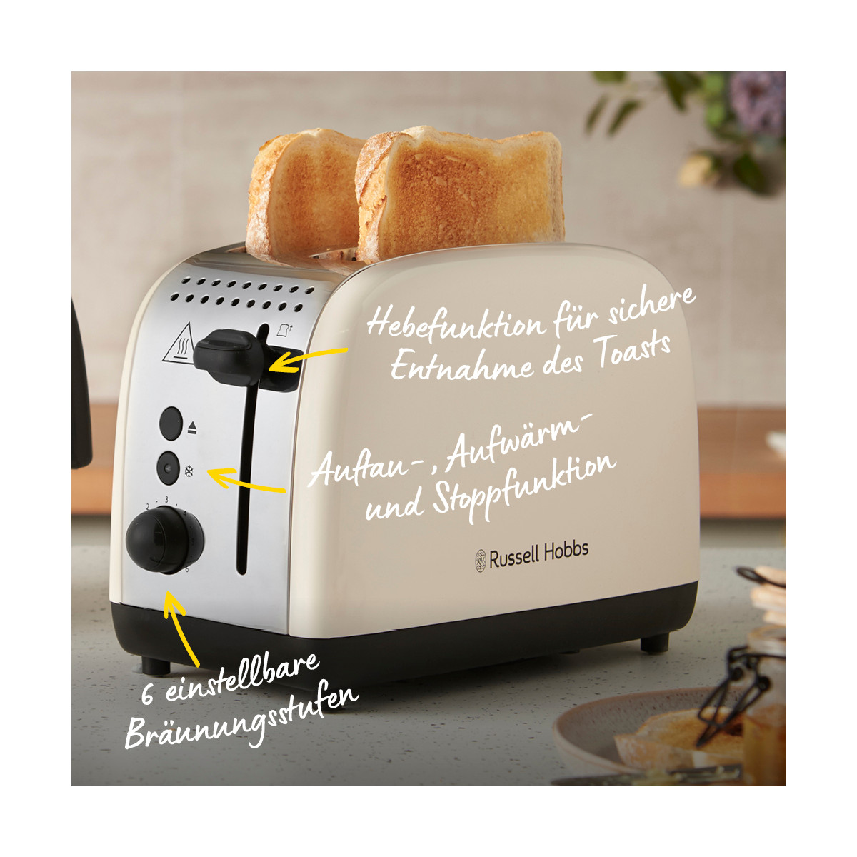 Ein cremefarbener Toaster mit zwei Toastscheiben. Er hat einstellbare Bräunungsstufen und Auftau-, Aufwärm- und Stoppfunktionen.