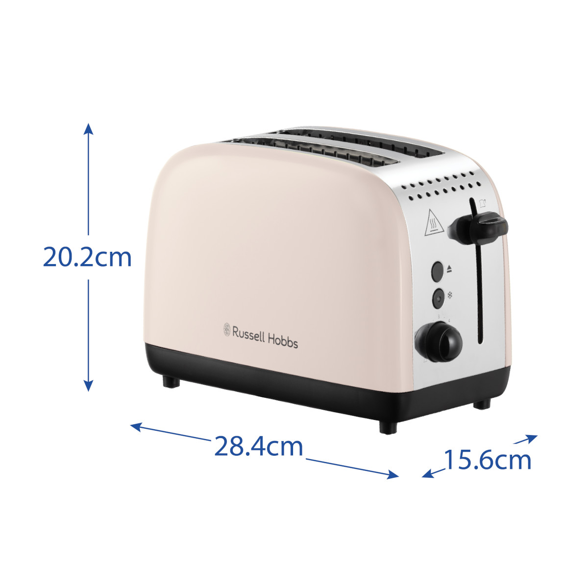 Ein cremefarbener Russell Hobbs Toaster mit Beschriftung der Maße. Er hat einen schwarzen Sockel und ein Bedienfeld. Der Toaster ist 20,2 cm hoch.