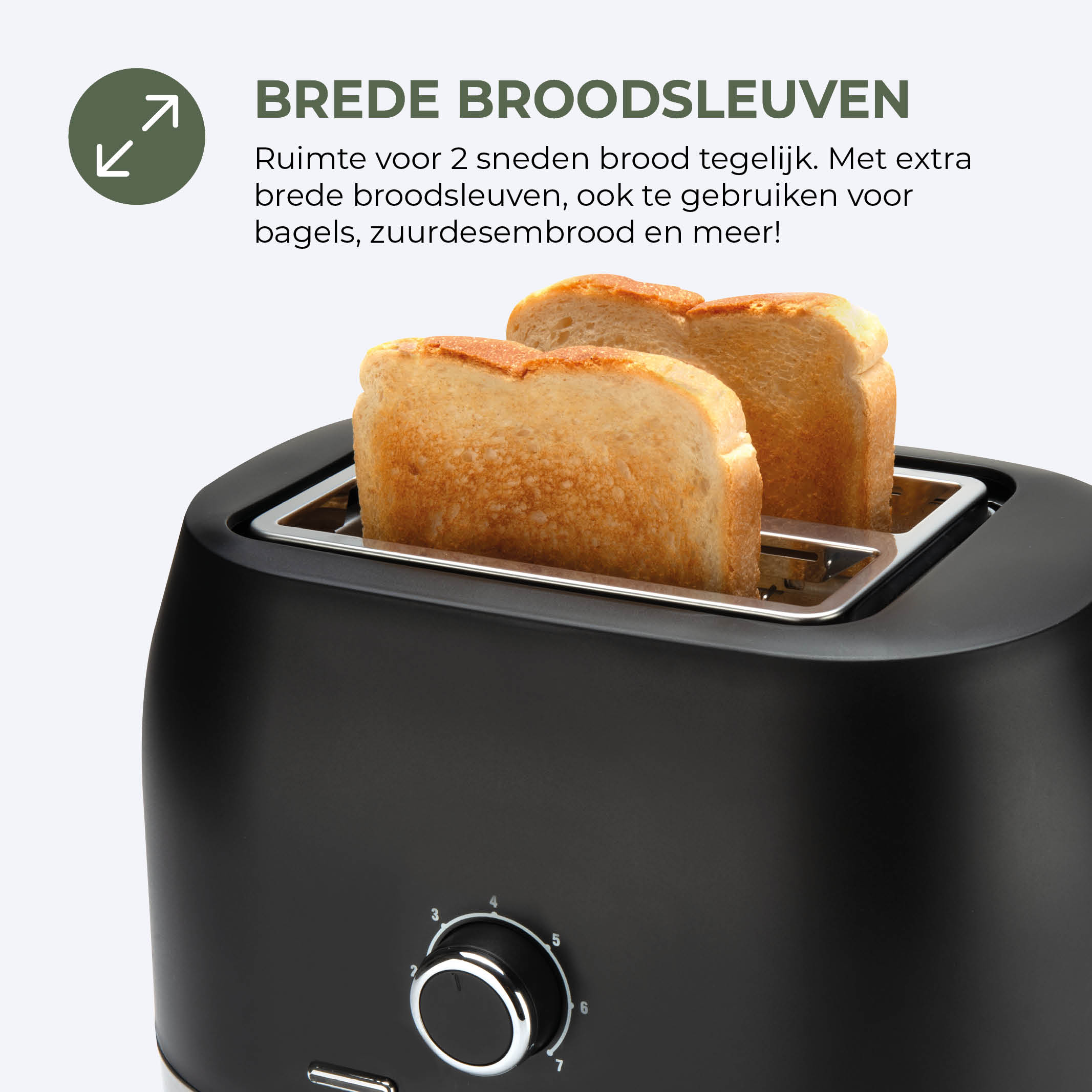 Zwarte broodrooster met twee sneetjes geroosterd brood. De tekst zegt 'brede broodgleuven'.