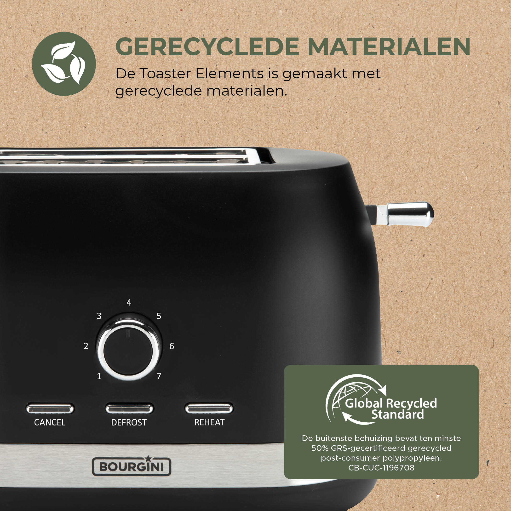 Zwarte broodrooster met zilveren accenten, draaiknop en knoppen. Achtergrond met tekst over gerecyclede materialen en een logo.