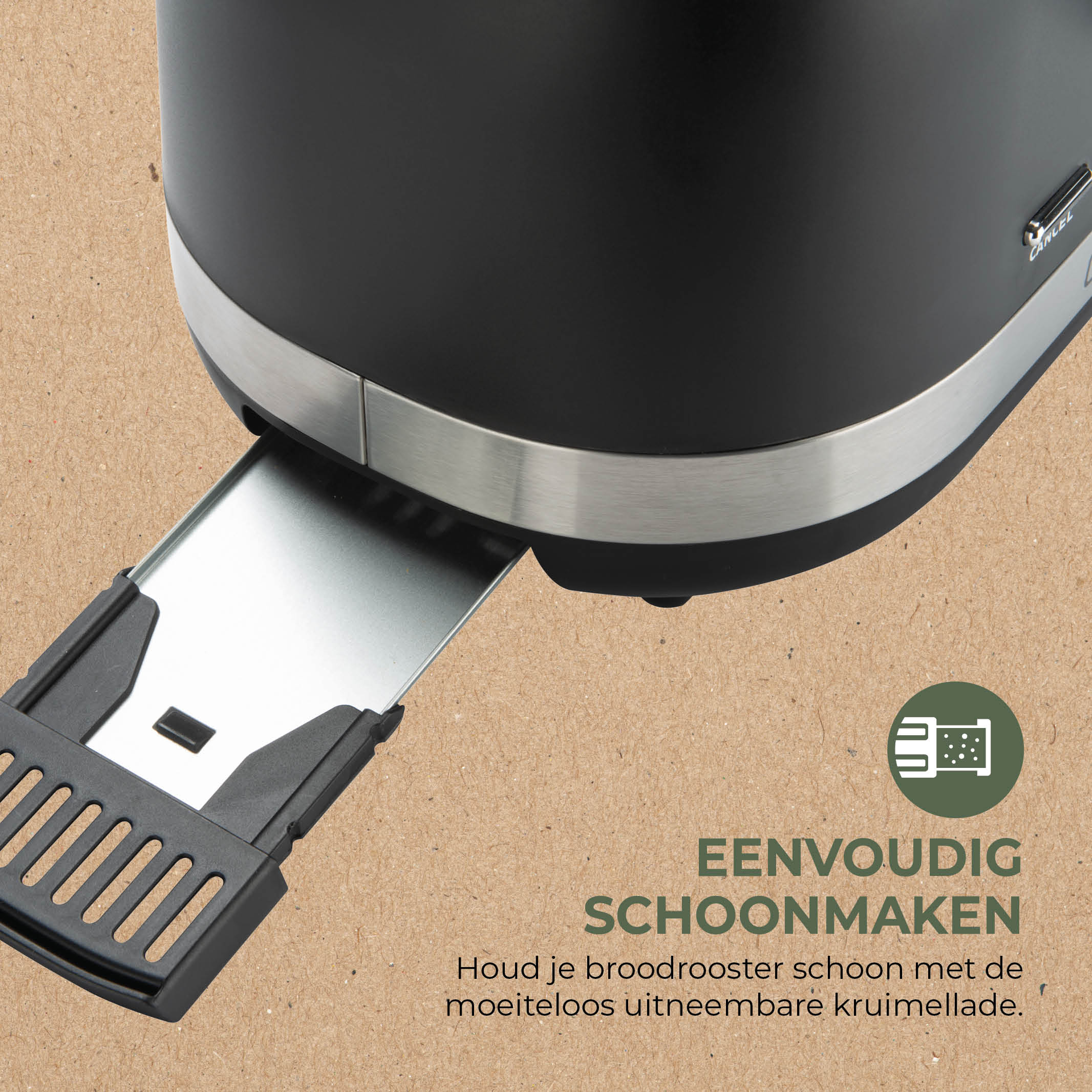 Zwarte broodrooster met kruimellade eruit. Zilveren rand. Bruine achtergrond met tekst: gemakkelijk schoonmaken.