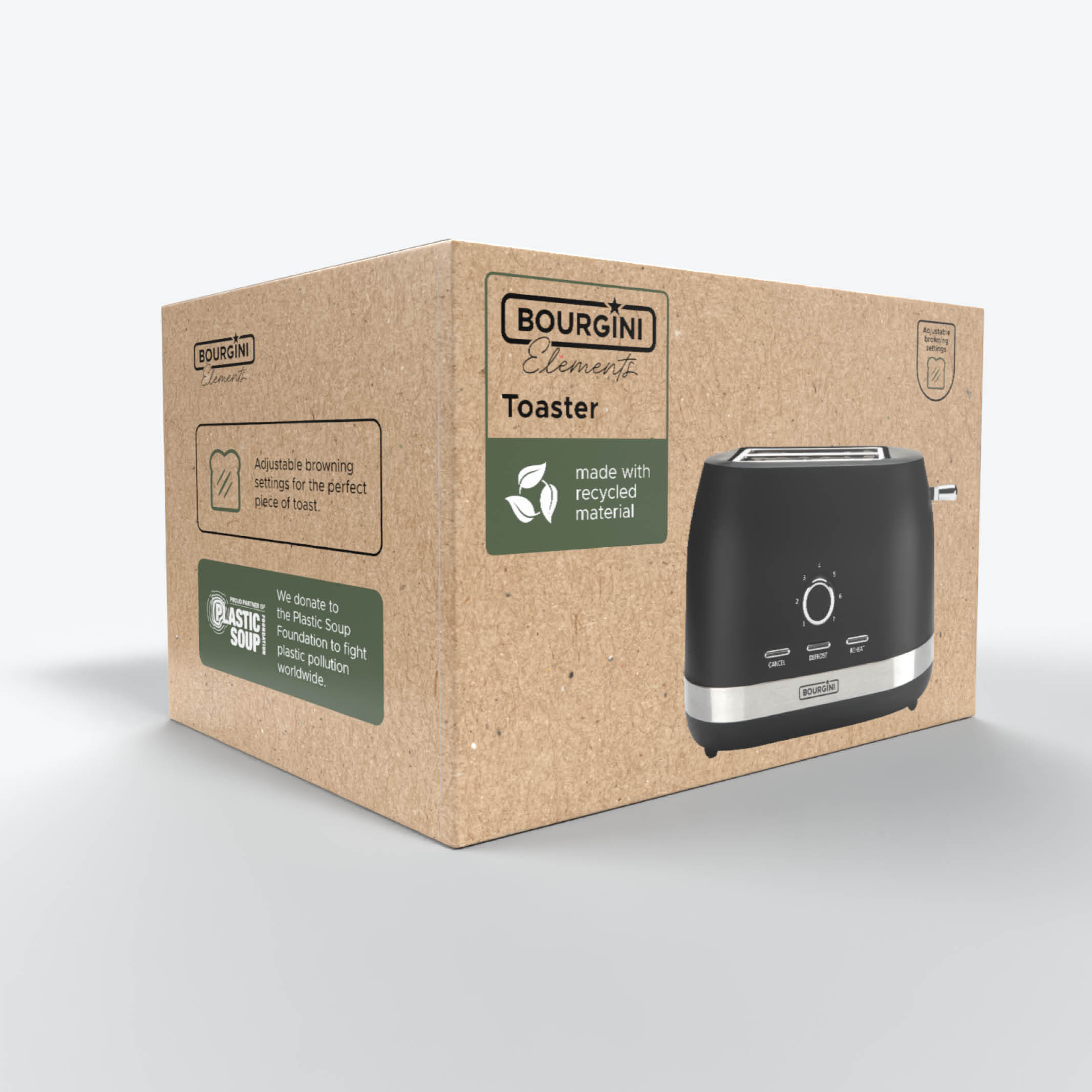 Een zwarte Bourgini broodrooster op een kartonnen doos. De doos heeft tekst en een logo. Gemaakt van gerecycled materiaal.