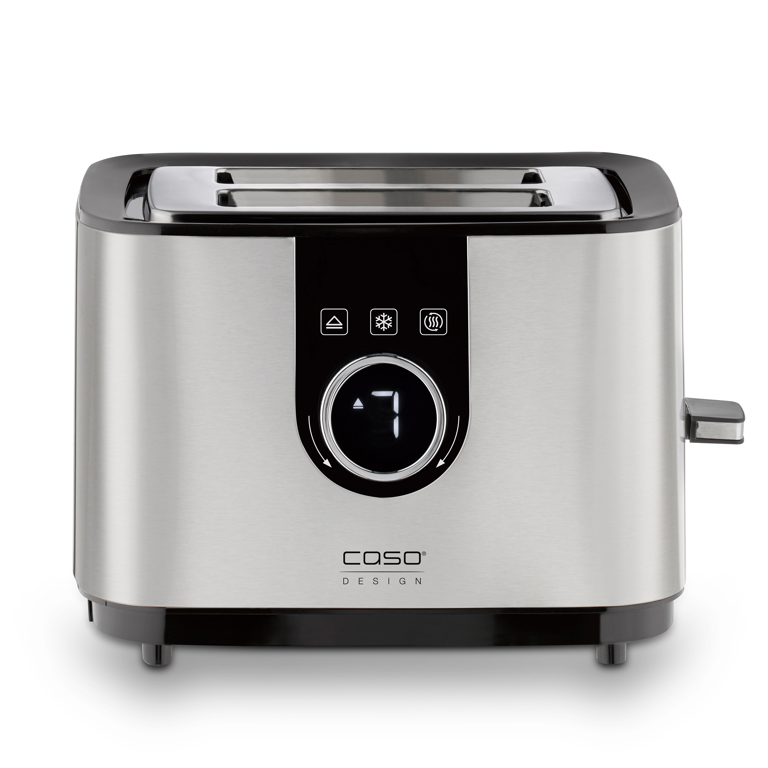 Ein silberner Toaster mit schwarzen Akzenten. Er hat ein digitales Display und Knöpfe für verschiedene Funktionen.