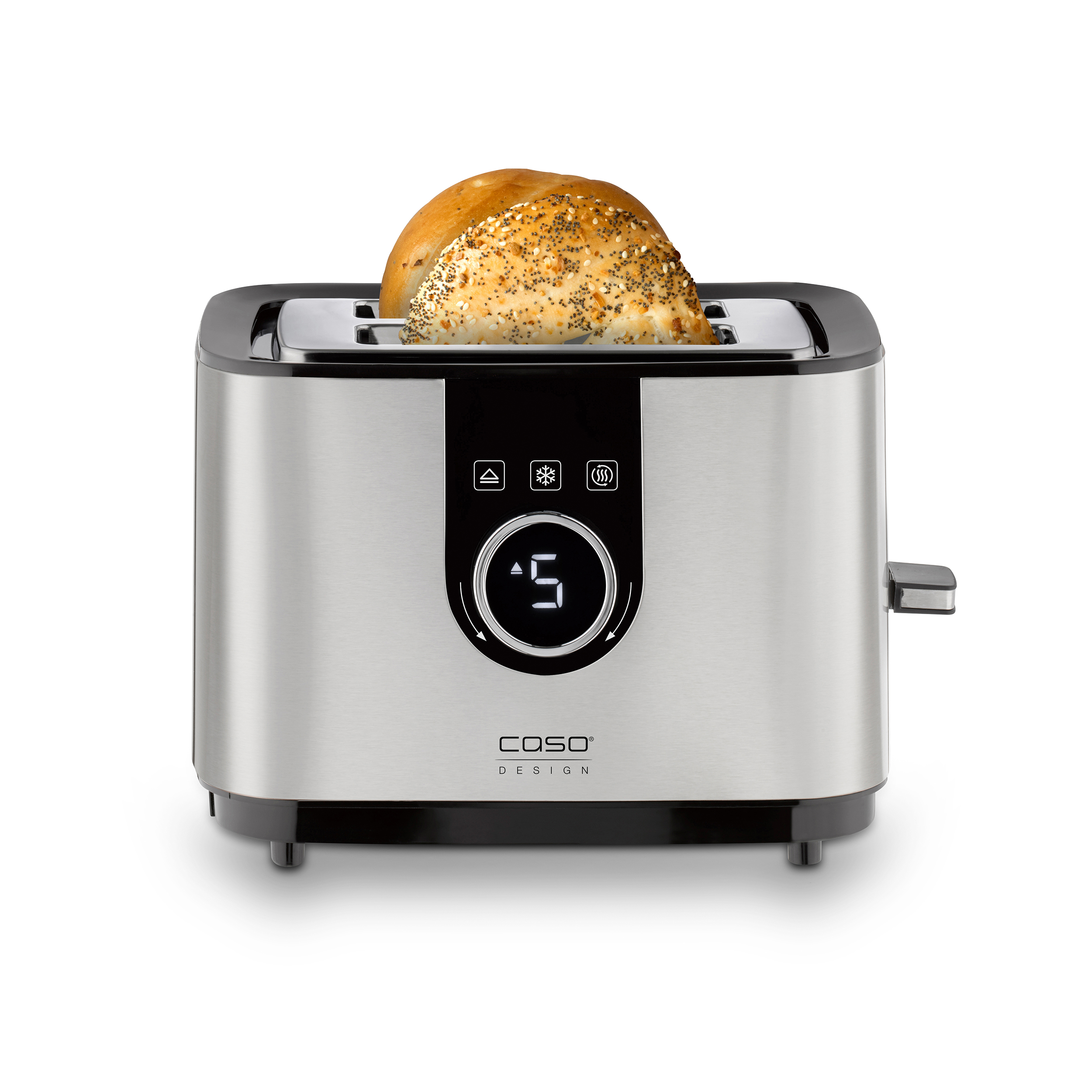 Ein Edelstahl-Toaster mit einem Bagel. Er hat ein Digitaldisplay und Knöpfe. Der Markenname ist Caso.