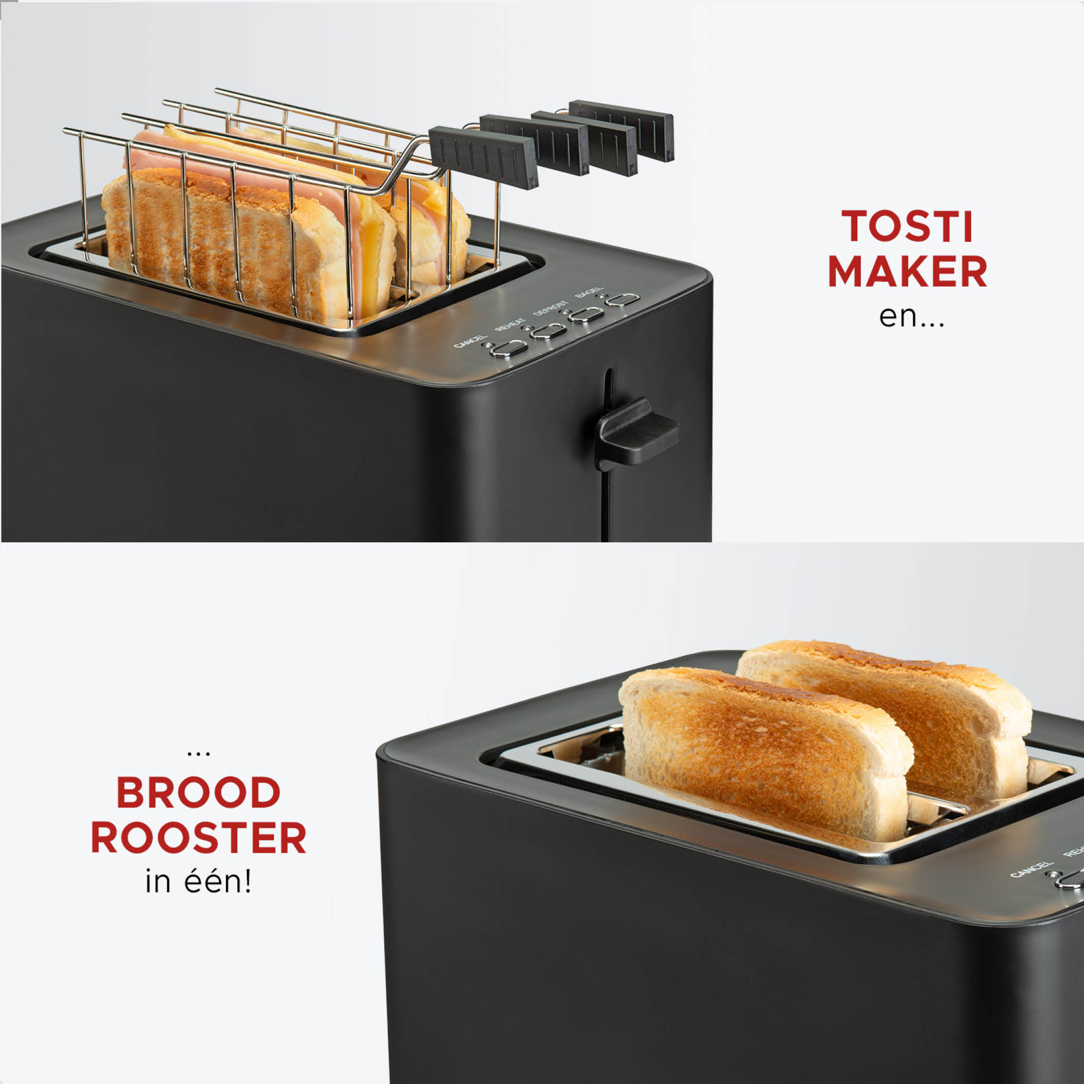 Een zwarte broodrooster met toast en een sandwich. Het bovenste gedeelte toont een sandwich in de grill. De bodem toont toast.