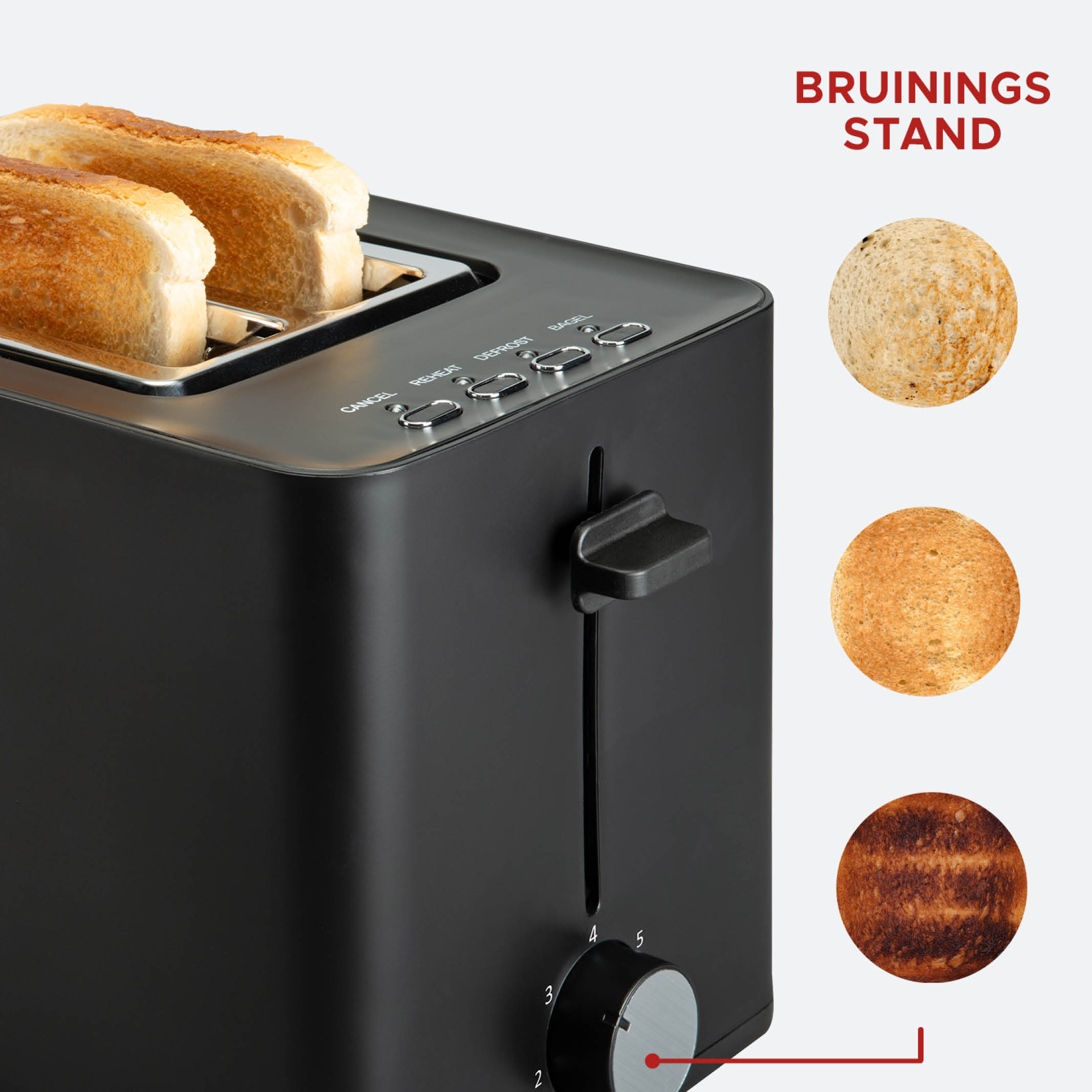 Een zwarte broodrooster met twee sneetjes geroosterd brood. De toasts hebben verschillende tinten. De bedieningsknop en knoppen zijn zichtbaar.