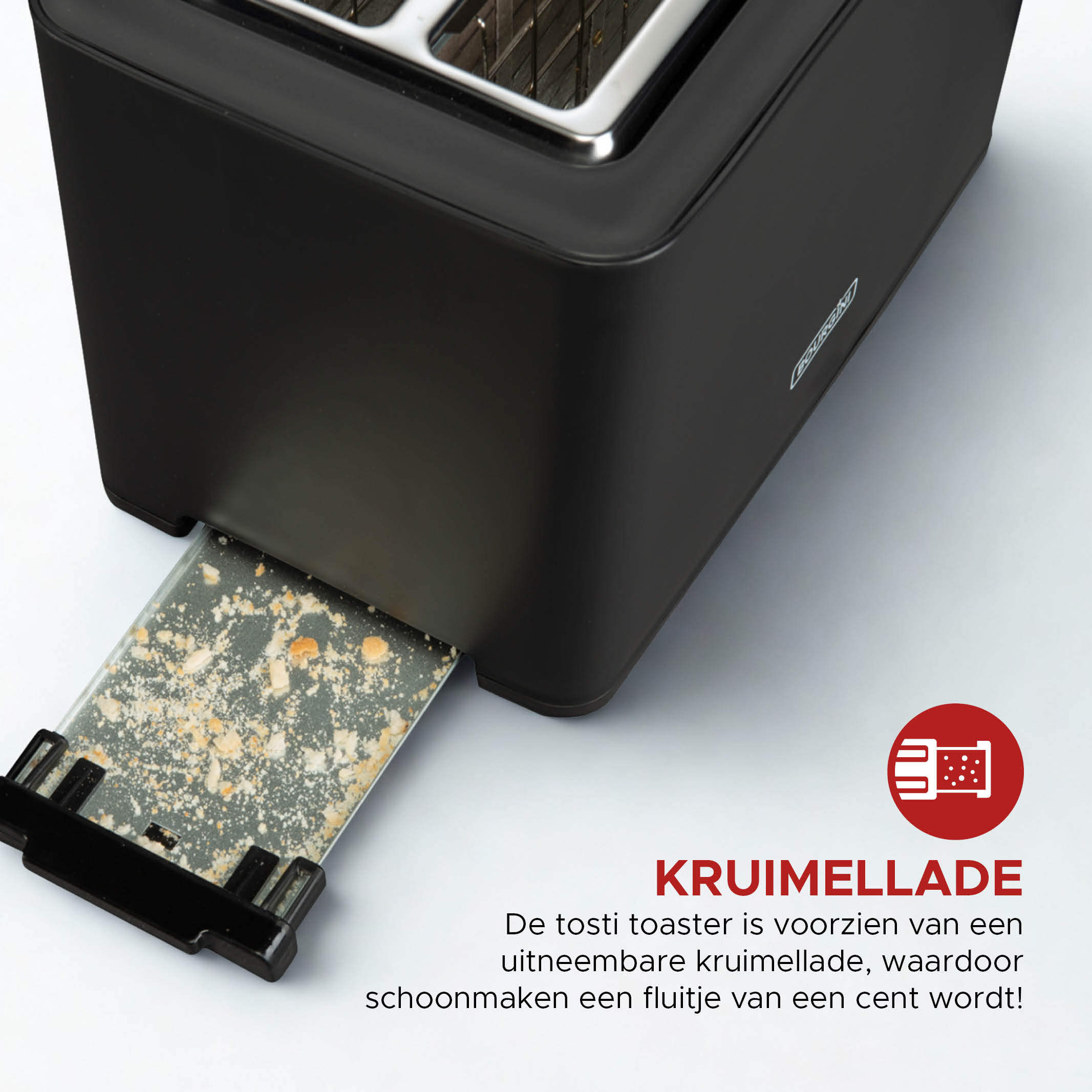 Een zwarte broodrooster met een kruimellade uitgetrokken, gevuld met kruimels. Een rode cirkel toont een broodrooster-icoon.