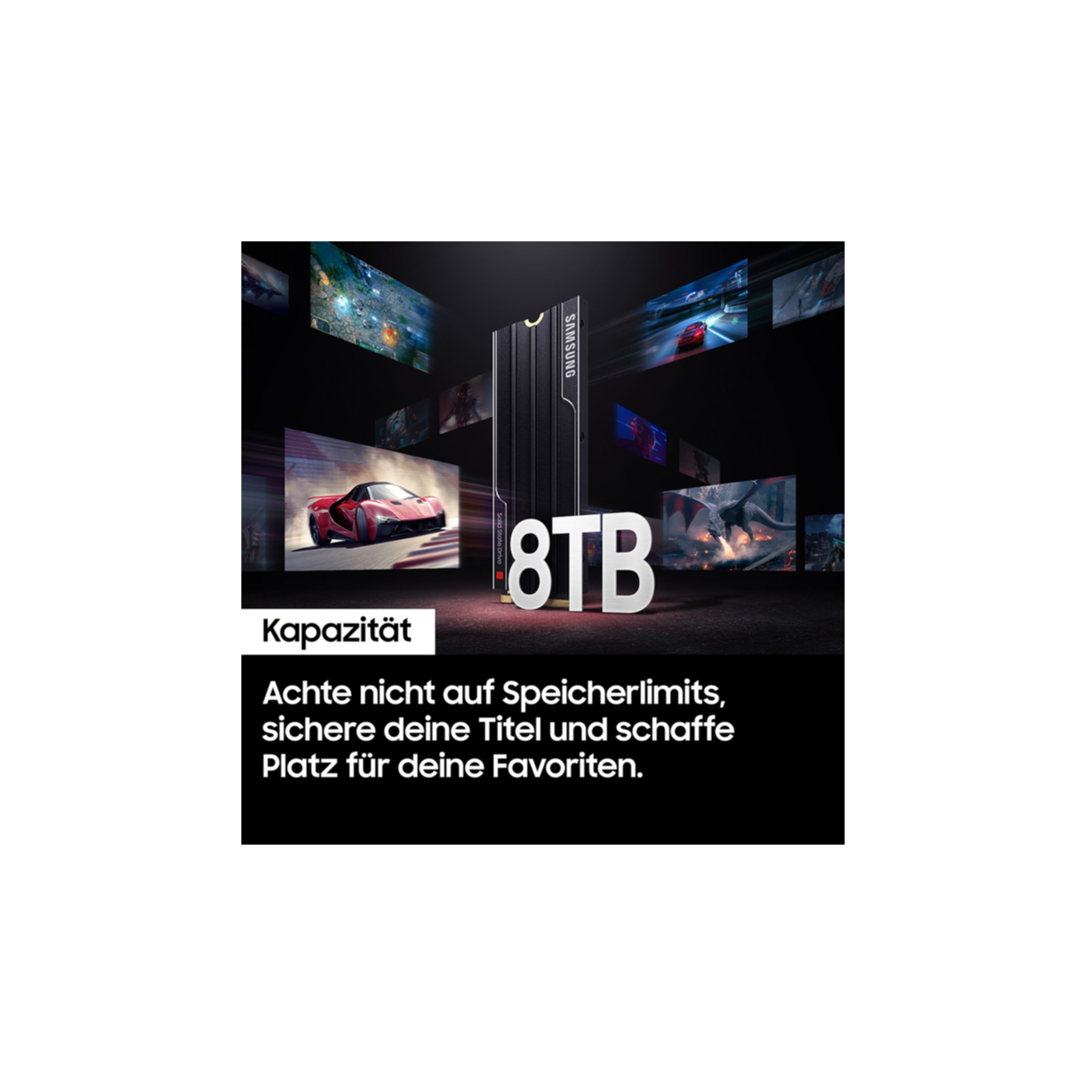 Reklama dysku SSD Samsung 8TB. Pokazuje produkt z grami w tle, tekst: Kapazität.